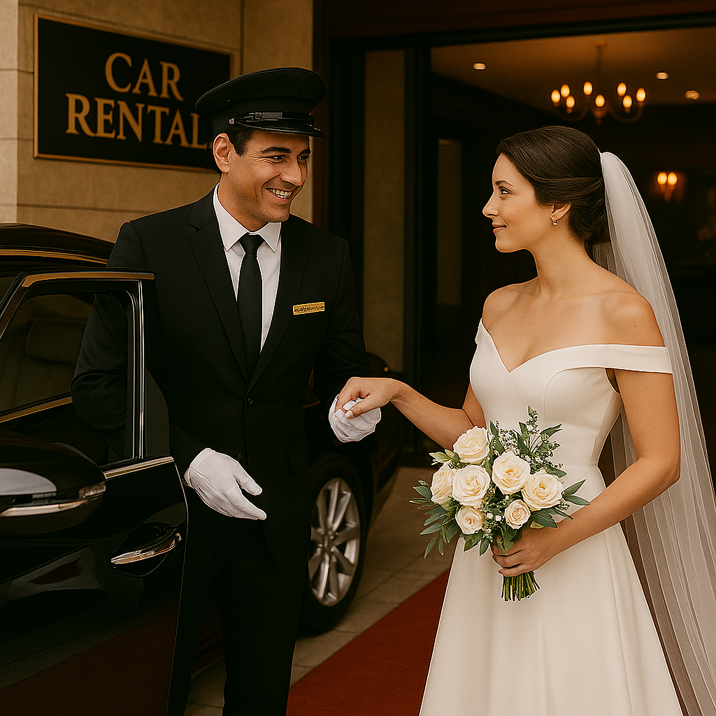 A bride in a white wedding dress with a veil holding a bouquet of white roses, shaking hands with a chauffeur in a black uniform and hat, outside a building with a 'Car Rental' sign in the background.