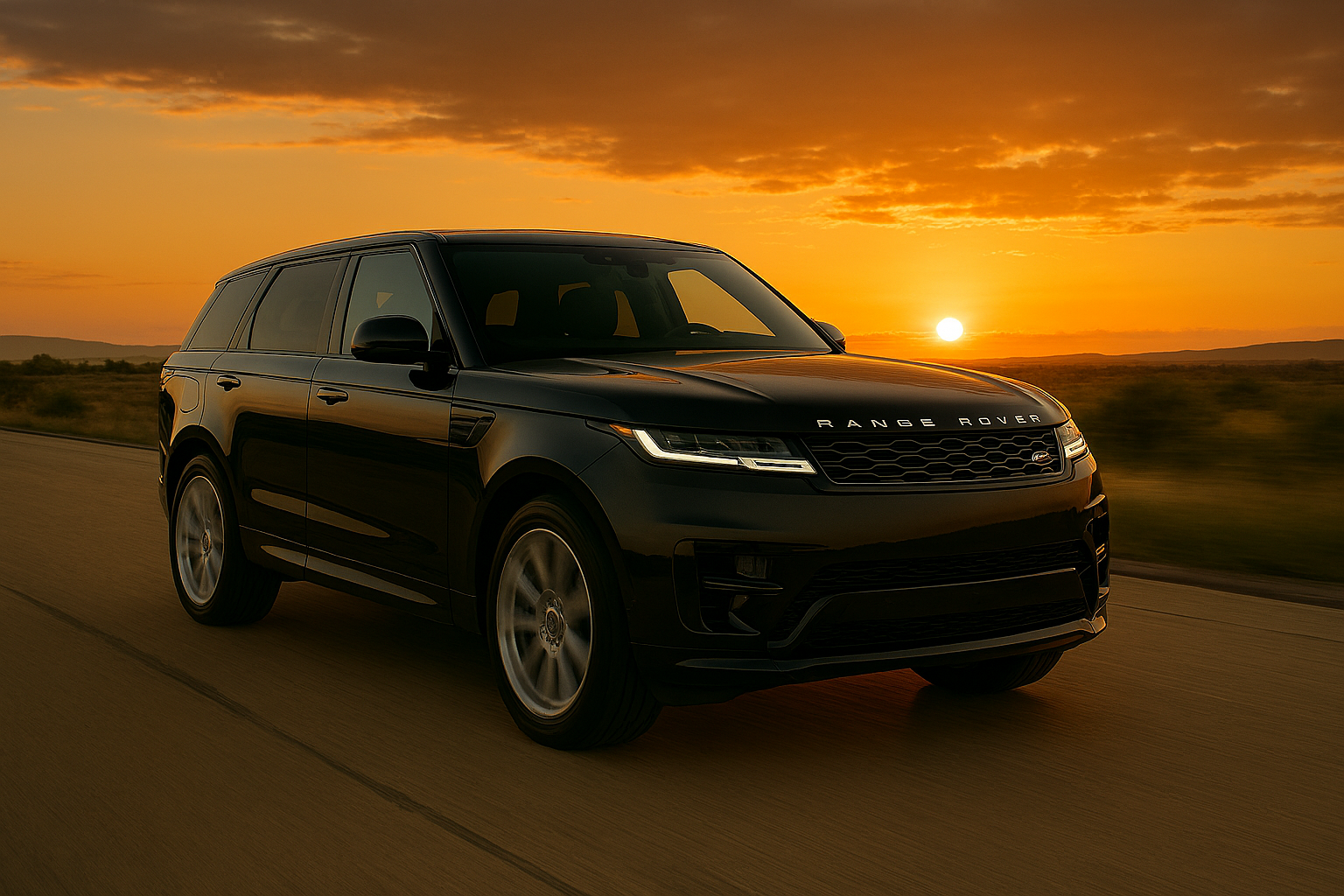 A black Range Rover driving on a highway at sunset, with orange and yellow sky, and distant hills in the background.
