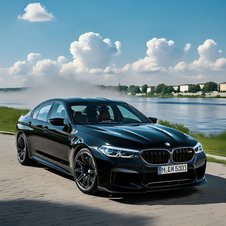 A black BMW sedan parked on a paved area beside a river under a partly cloudy sky.