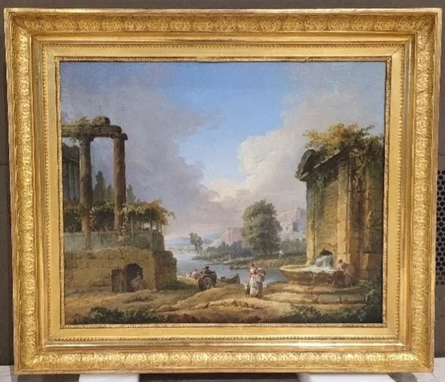 Paysage de ruines antiques avec arbres, ciel bleu et deux personnages près d'un ruisseau dans un tableau classique