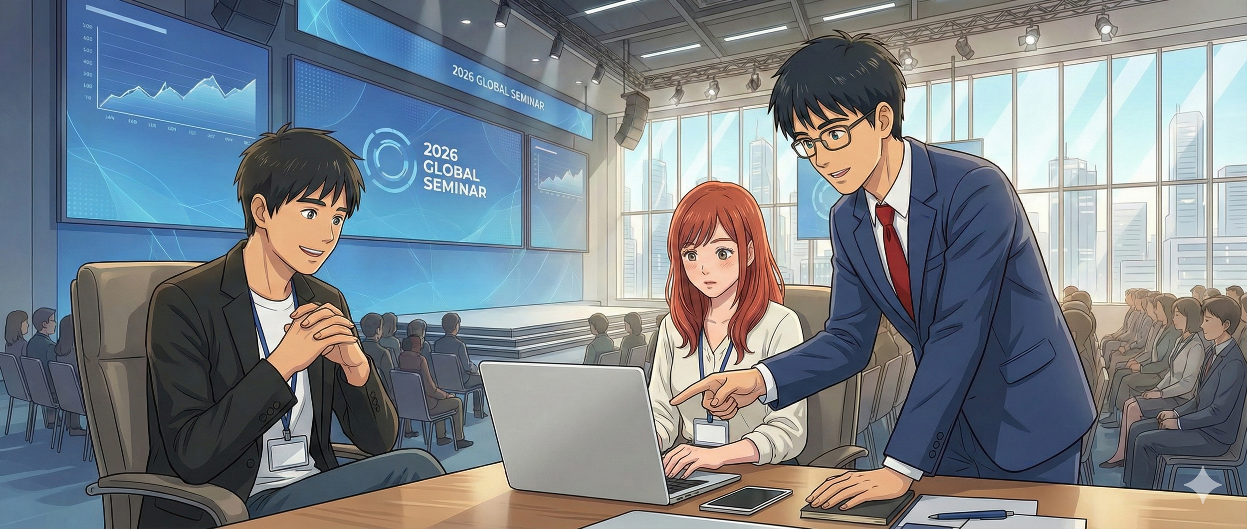 会議室で3人のビジネスマンとビジネスウーマンが話し合っている。背後には大きなスクリーンにグラフや「2026 GLOBAL SEMINAR」の文字が映し出されており、参加者が座っている。