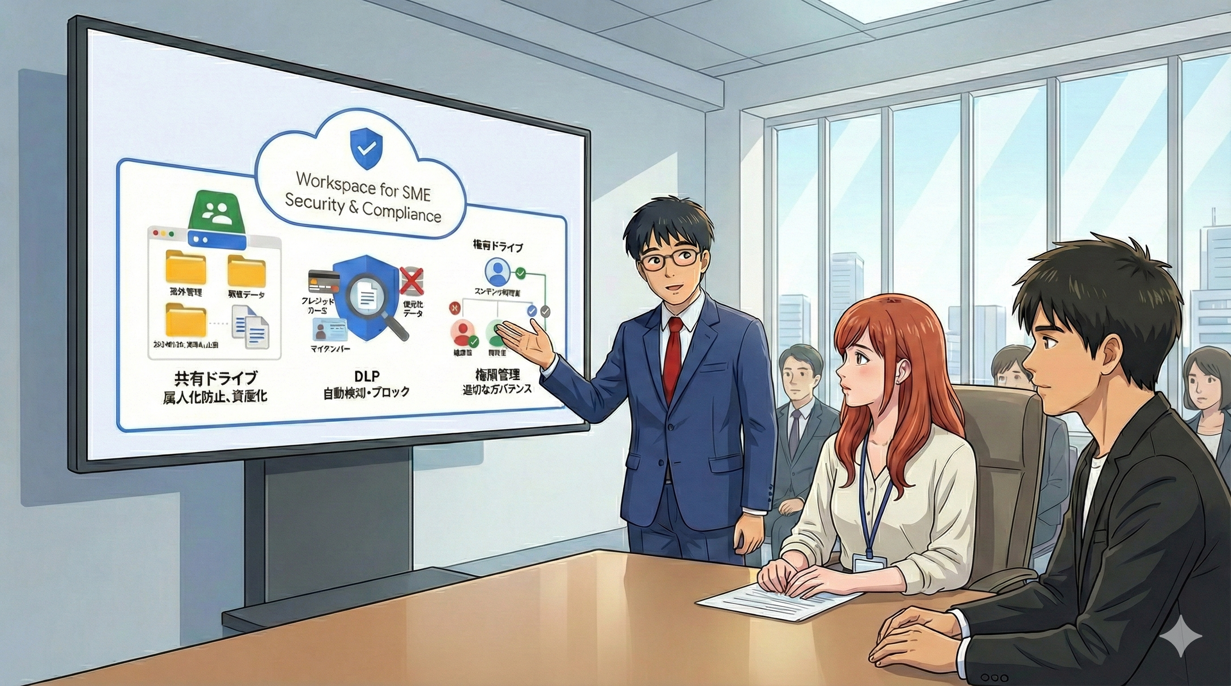 会議室でプレゼンテーションを行う男の人と、その前で座っている女性と男性のビジネスマン。大型のスクリーンには「Workspace for SME Security & Compliance」と書かれ、クラウドアイコンやフォルダー、データ管理に関する図が表示されている。背景には大きな窓と都市のビル群が見える。