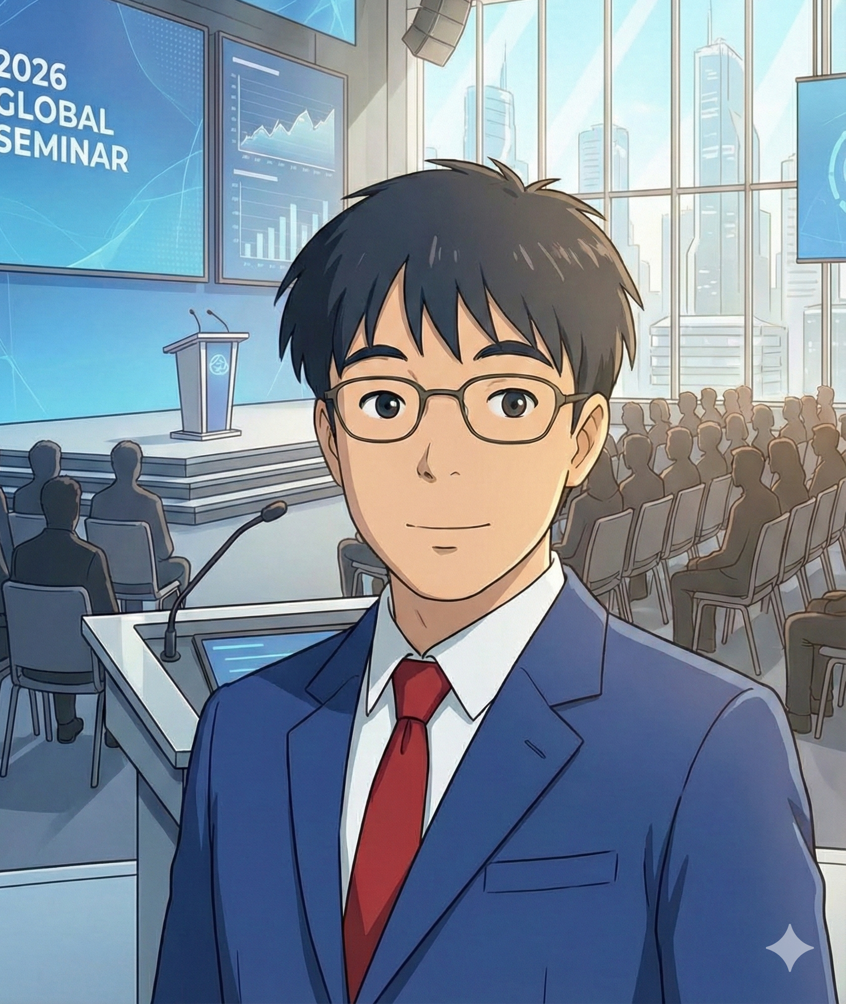 スーツの男性が会議の会場に立っている。背景にはプレゼンテーションスクリーンと聴衆、多くの都市の高層ビルが見える。