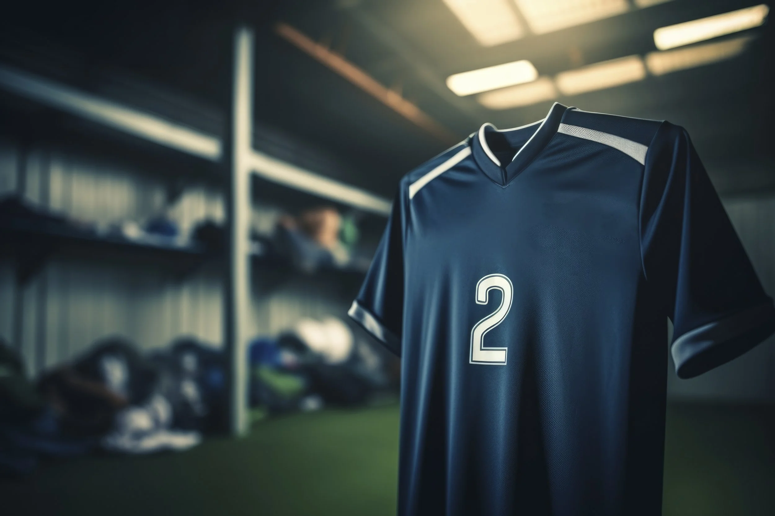 A dark blue sports jersey with the number 2 on it, hanging in a locker room with shelves and shoes in the background.