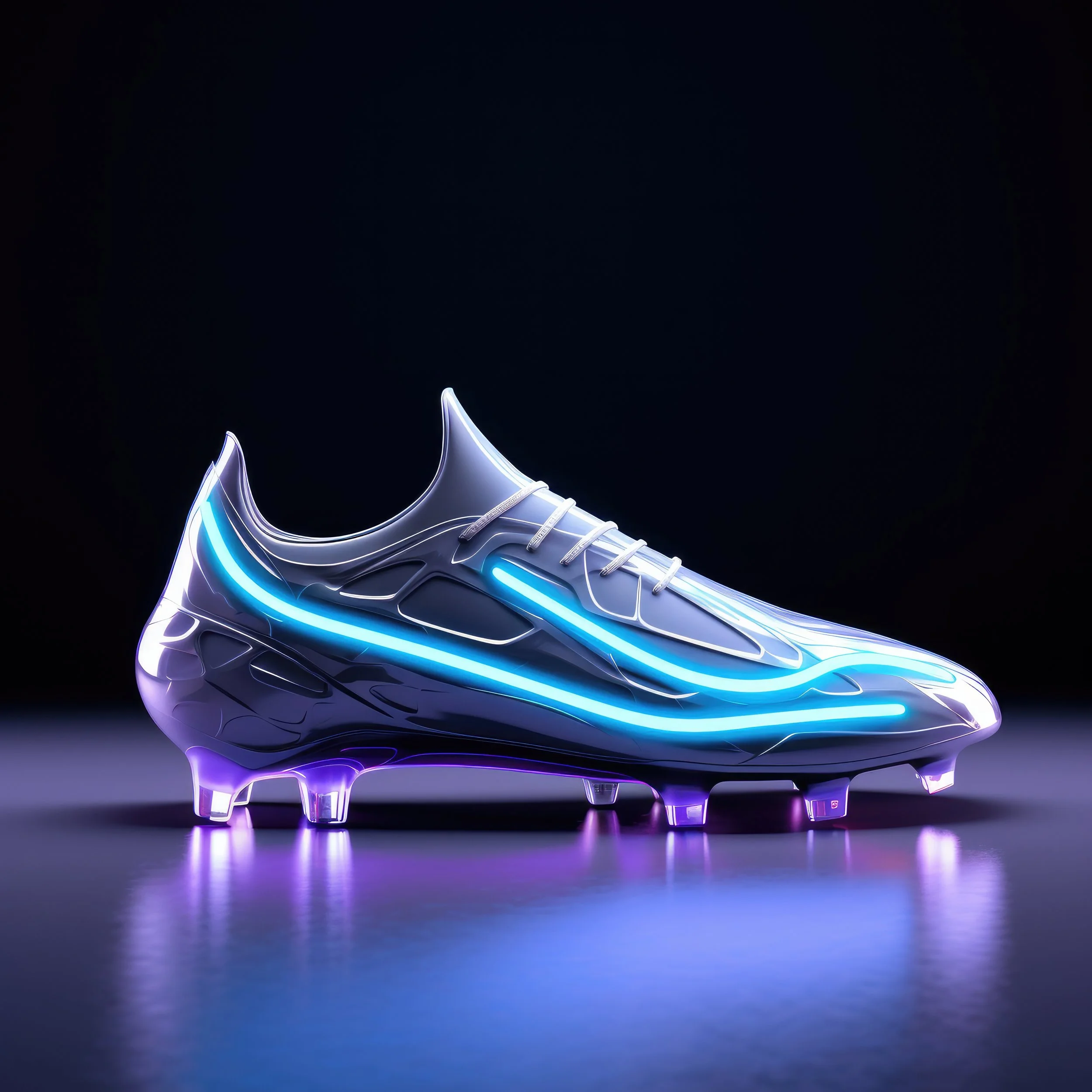Futuristic soccer cleat with glowing blue and purple neon accents on a dark background