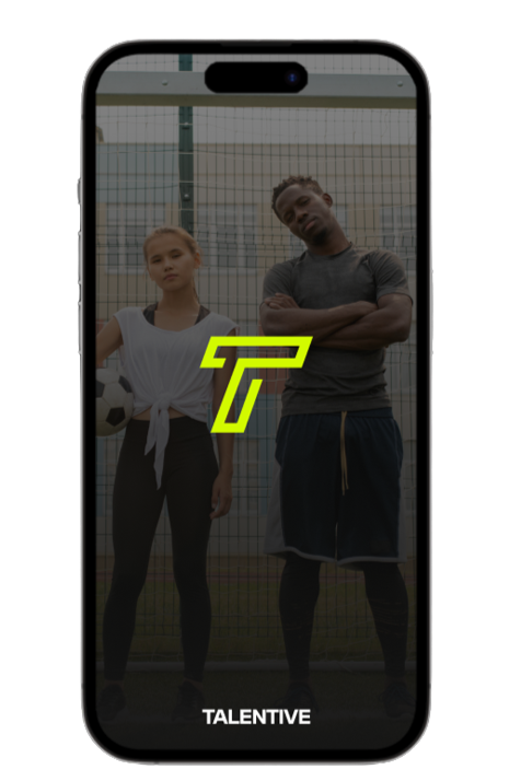 A mobile phone screen showing a young woman and a man standing outdoors in athletic clothing behind a fence, with a neon green stylized letter 'T' and the word 'TALENTIVE' at the bottom.