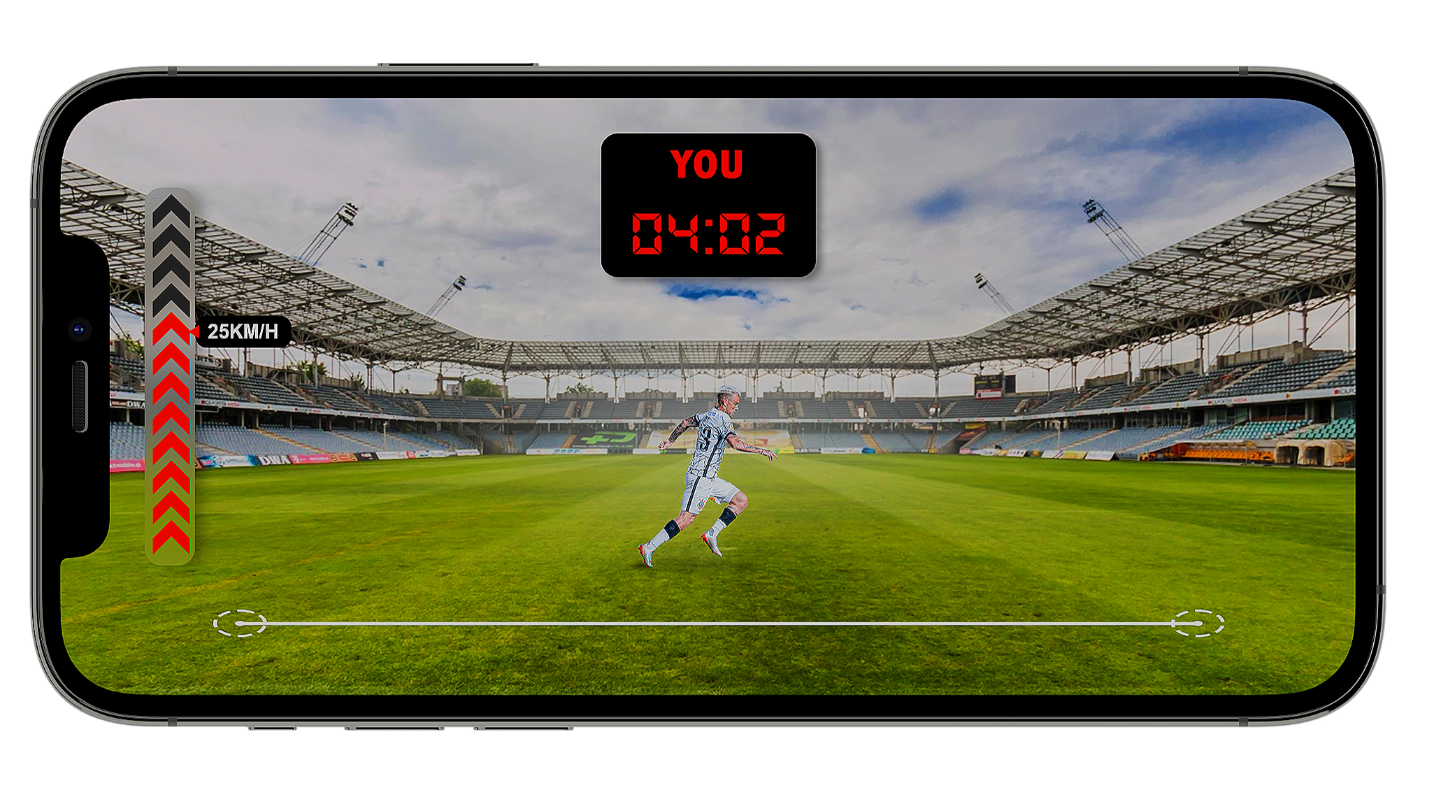 Smartphone screen displaying an augmented reality soccer game, with a player running on a stadium field, a stopwatch showing 4 minutes and 2 seconds, a speed indicator reading 25 km/h, and a scoring bar.