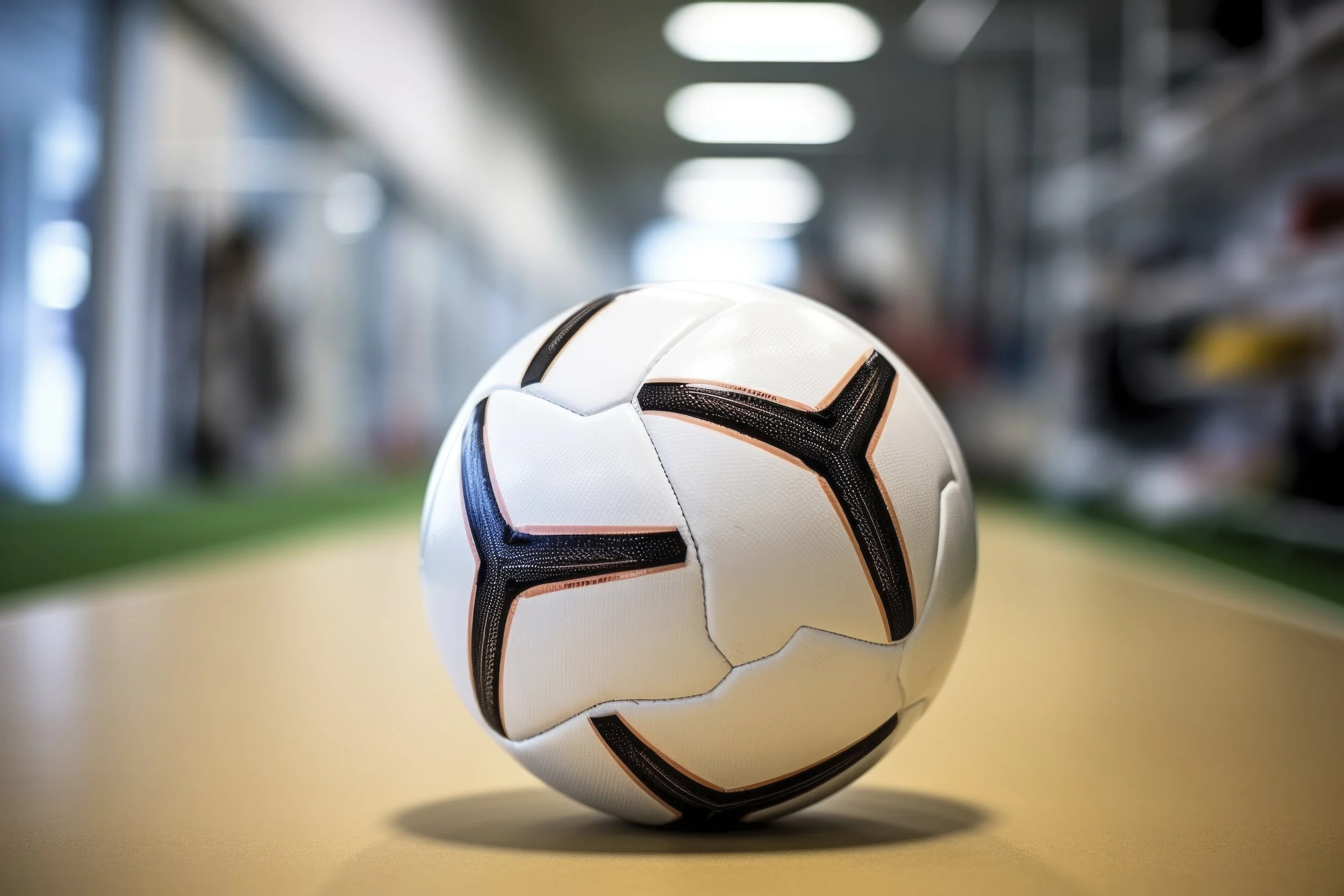 Close-up of a white soccer ball with black and copper accents on a yellow table in an indoor sports store