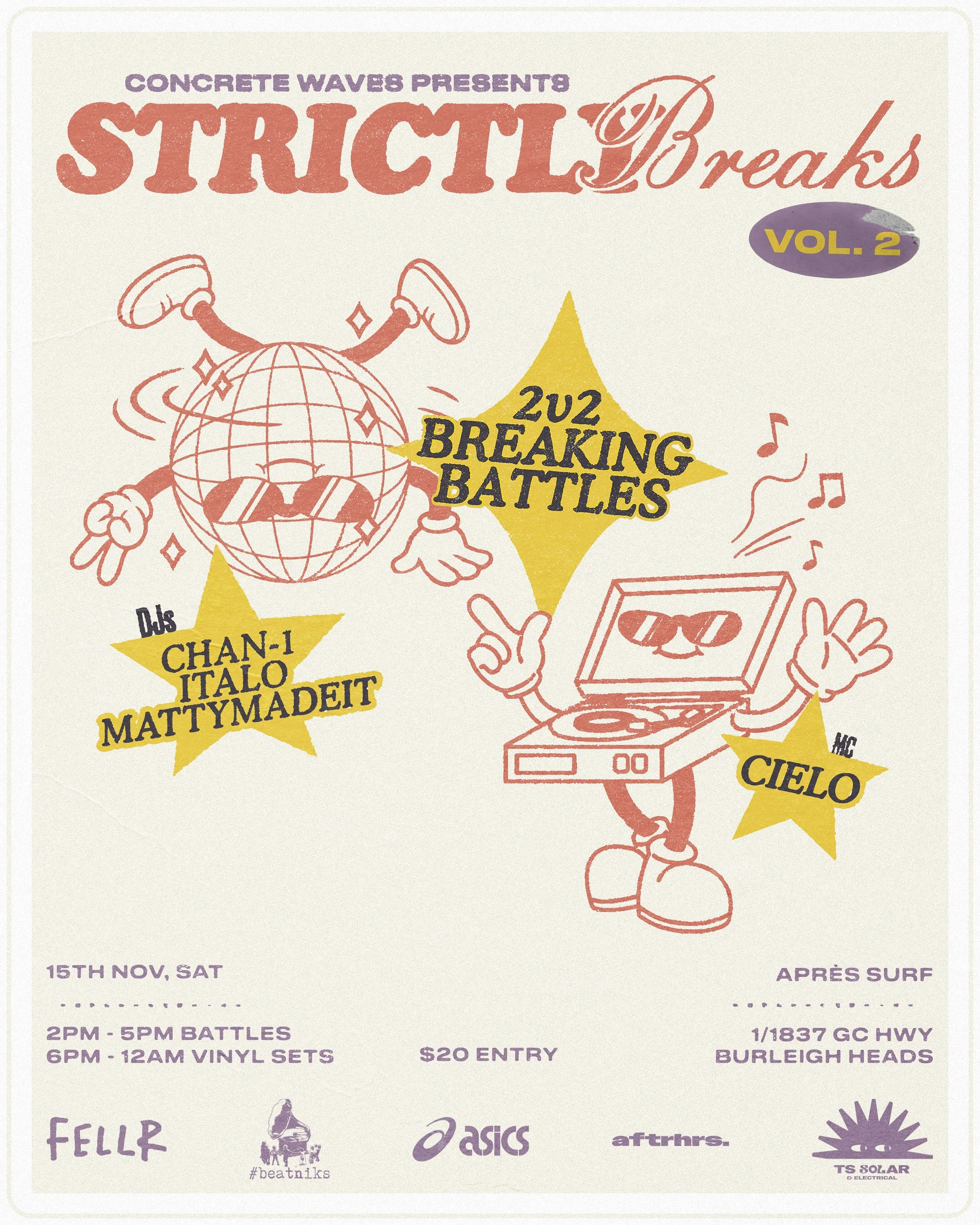 Event poster for 'Strict Breaks Vol. 2' presented by Concrete Waves featuring 2U2 Breaking Battles, with illustrations of a globe character dancing, a turntable with a smiling face, and various performer names and event details.