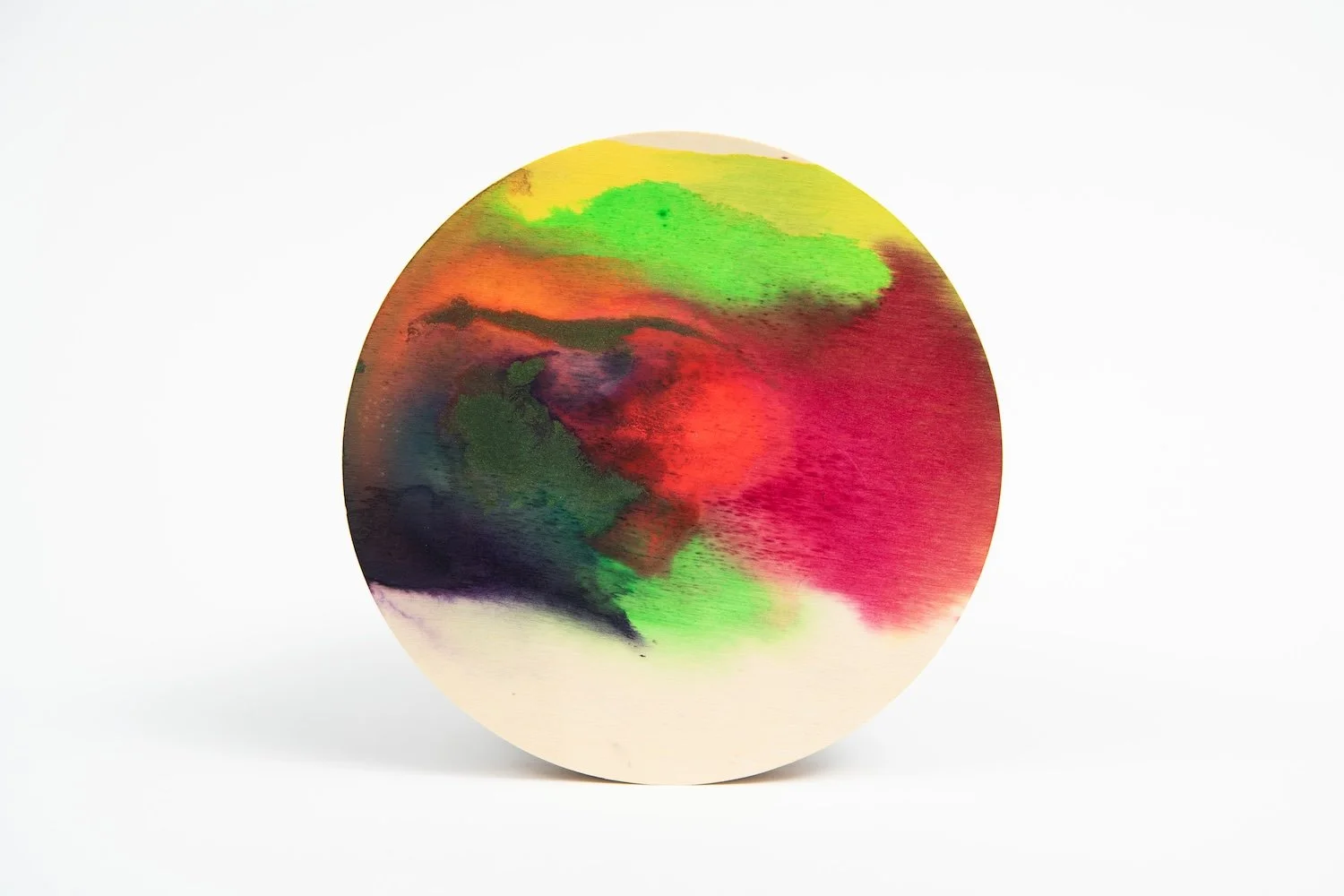 Northern Rainbow Storm, acrylic and inks on wood, 20 cm diameter