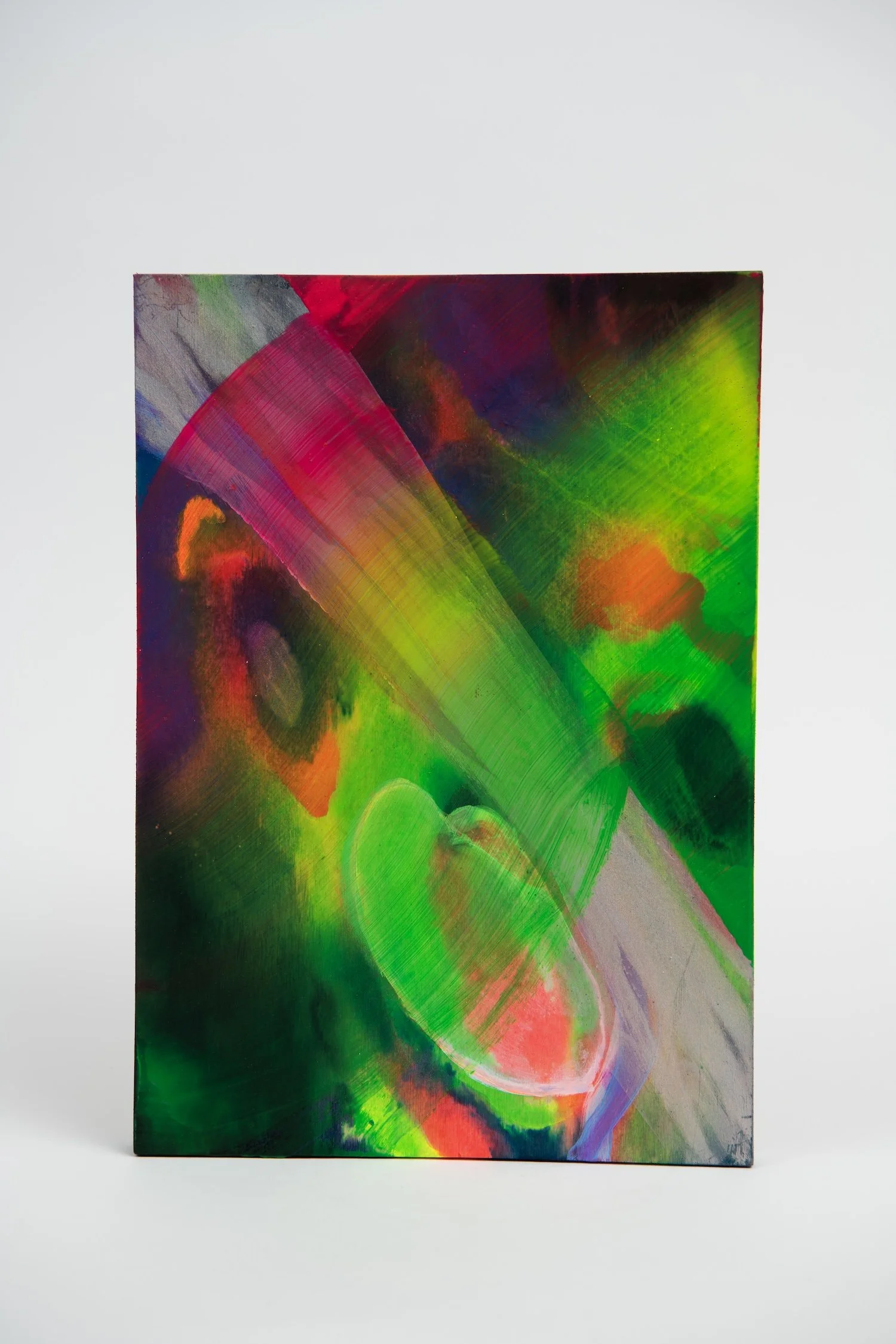 Northern Rainbow Orbs, acrylic ink and holographic paint on panel, 30 x 21 cm