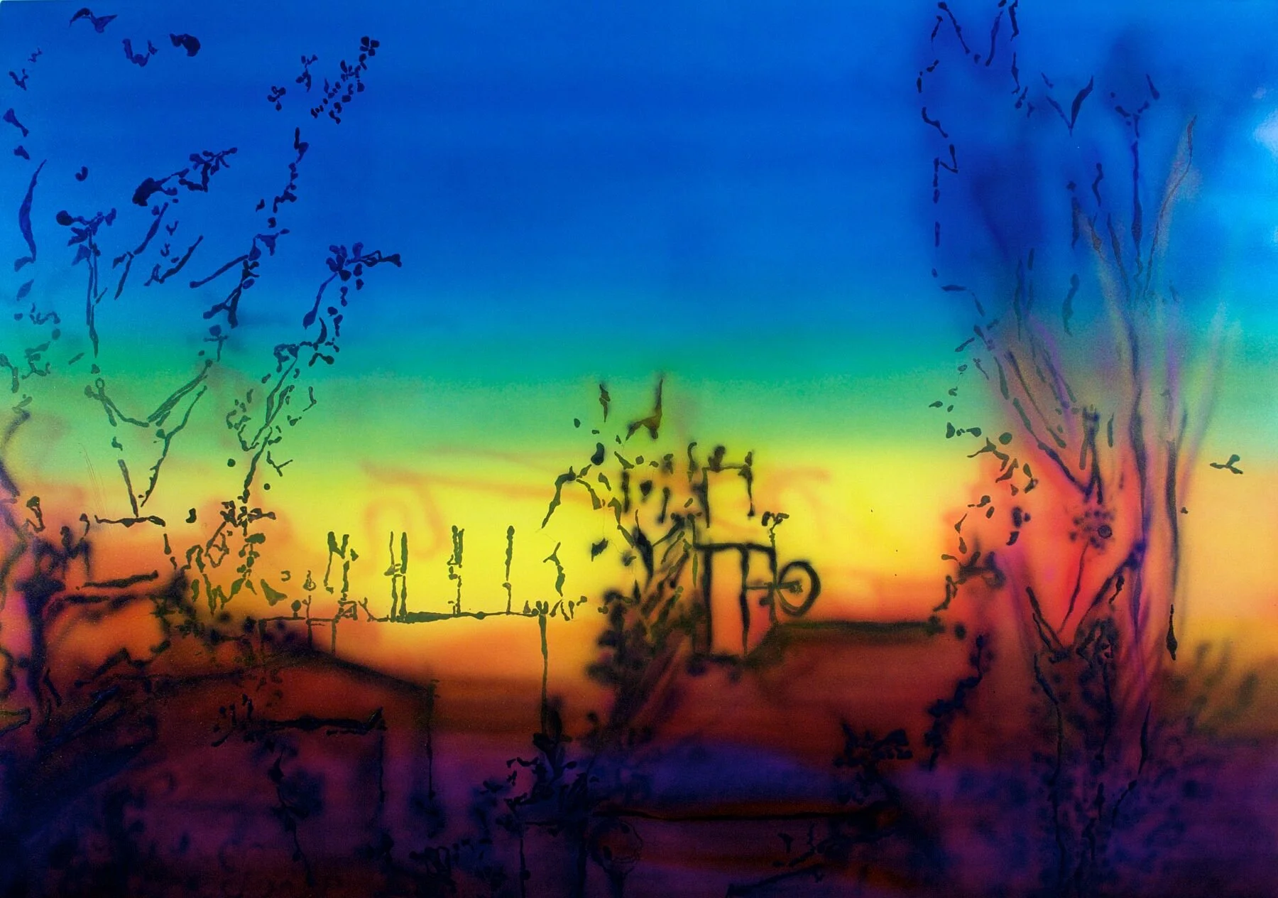 Close-up of Goodbye print showing layered blue, green and yellow gradient