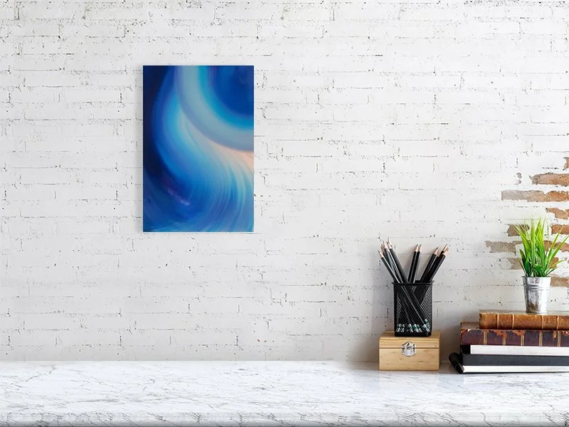 Swoosh abstract print styled on wall showing immersive water-inspired colour