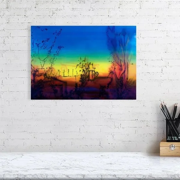 Goodbye abstract art print with luminous horizon and silhouetted forms