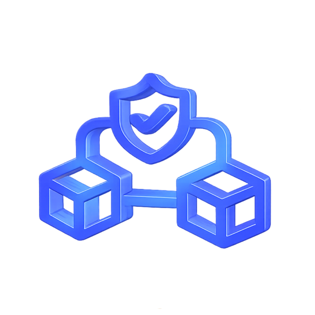 Blue digital illustration of a shield with a check mark, connected to two 3D cubes.