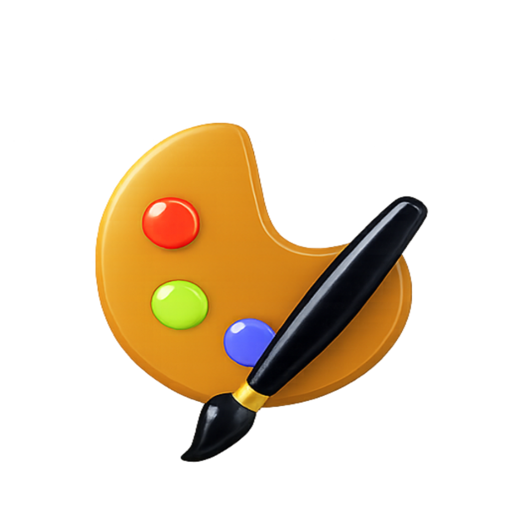 A painter's palette with red, green, and blue paint dots, accompanied by a black paintbrush with a gold band.