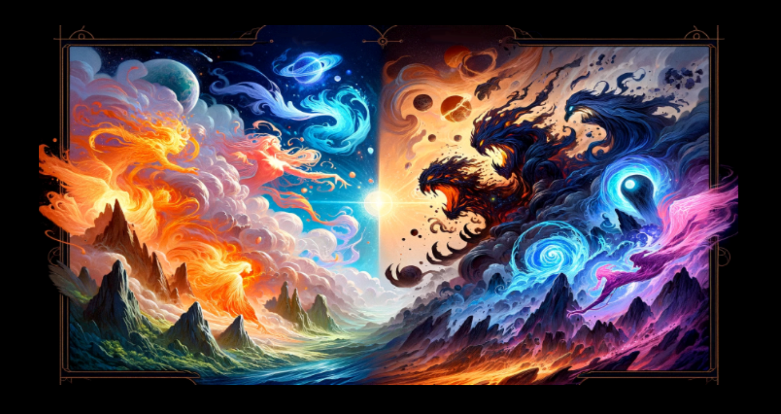 A fantasy landscape divided into two contrasting sides: one side depicts a fiery, volcanic environment with orange flames and smoke, and the other side shows a stormy, icy scene with dark clouds, lightning, and swirling blue and purple colors. Spirit-like creatures made of fire and storm clouds face each other in the middle, with a glowing celestial body at the center of the scene.