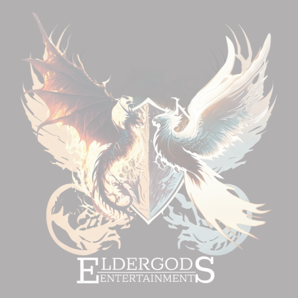 A fantasy crest featuring a dragon and a phoenix facing each other, with a shield between them, representing Eldergods Entertainment.