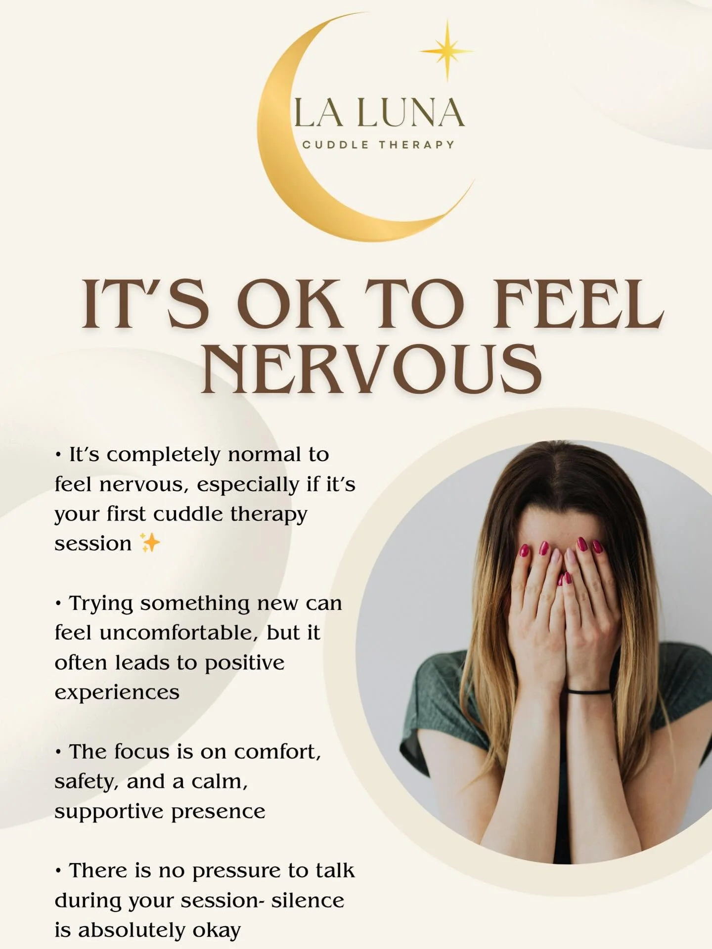 It&rsquo;s completely okay to feel nervous, especially if it&rsquo;s your first Cuddle Therapy session.🤍
Trying something new often means stepping outside our comfort zone, but on the other side of that fear, calm and positive experiences await us.✨