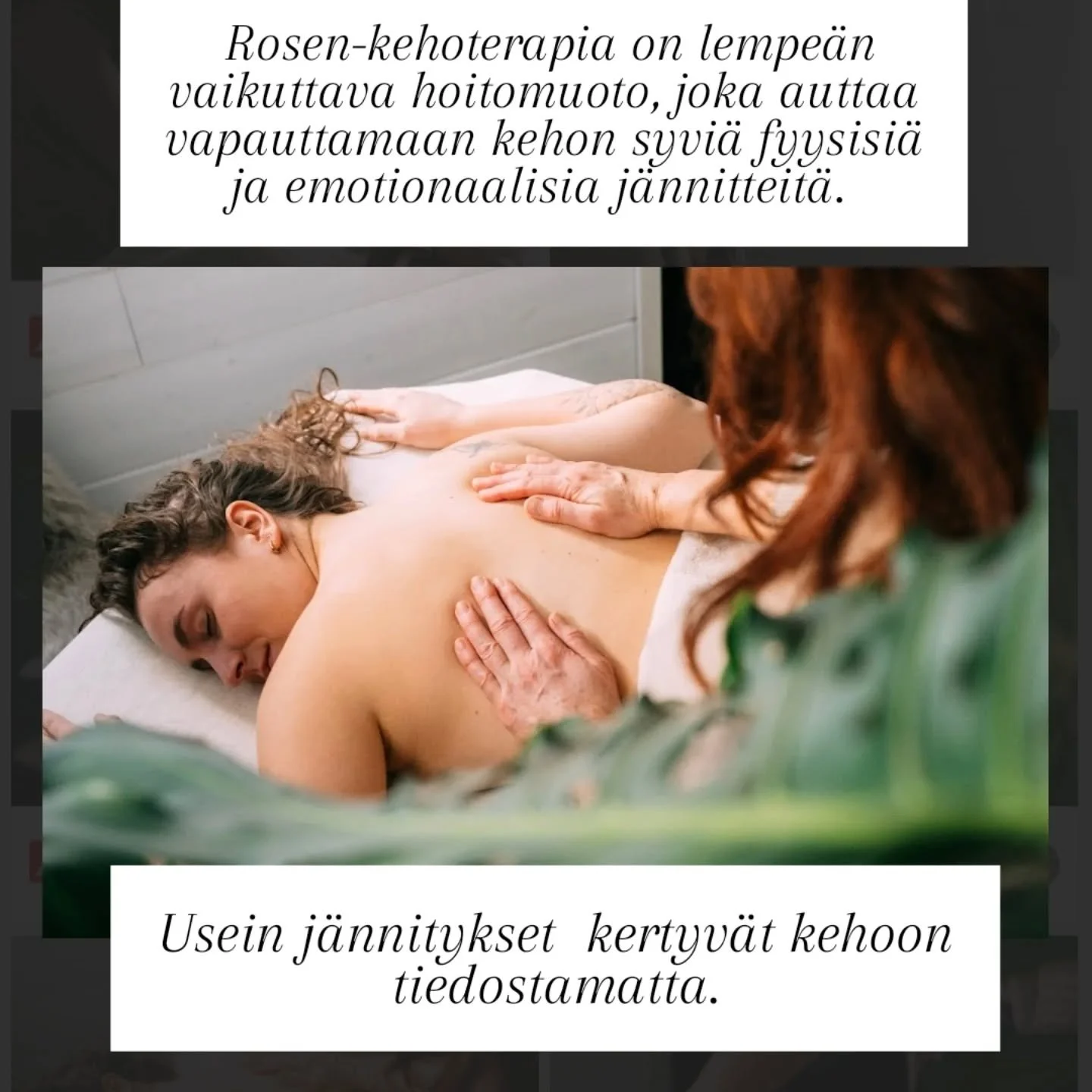 Rosen-kehoterapia on lempe&auml;n vaikuttava hoitomuoto, joka auttaa vapauttamaan kehon syvi&auml; fyysisi&auml; ja emotionaalisia j&auml;nnitteit&auml;. Kehon j&auml;nnitteet ovat usein tiedostamattomia. Rosen-hoidossa on mahdollista tiedostaa j&aum
