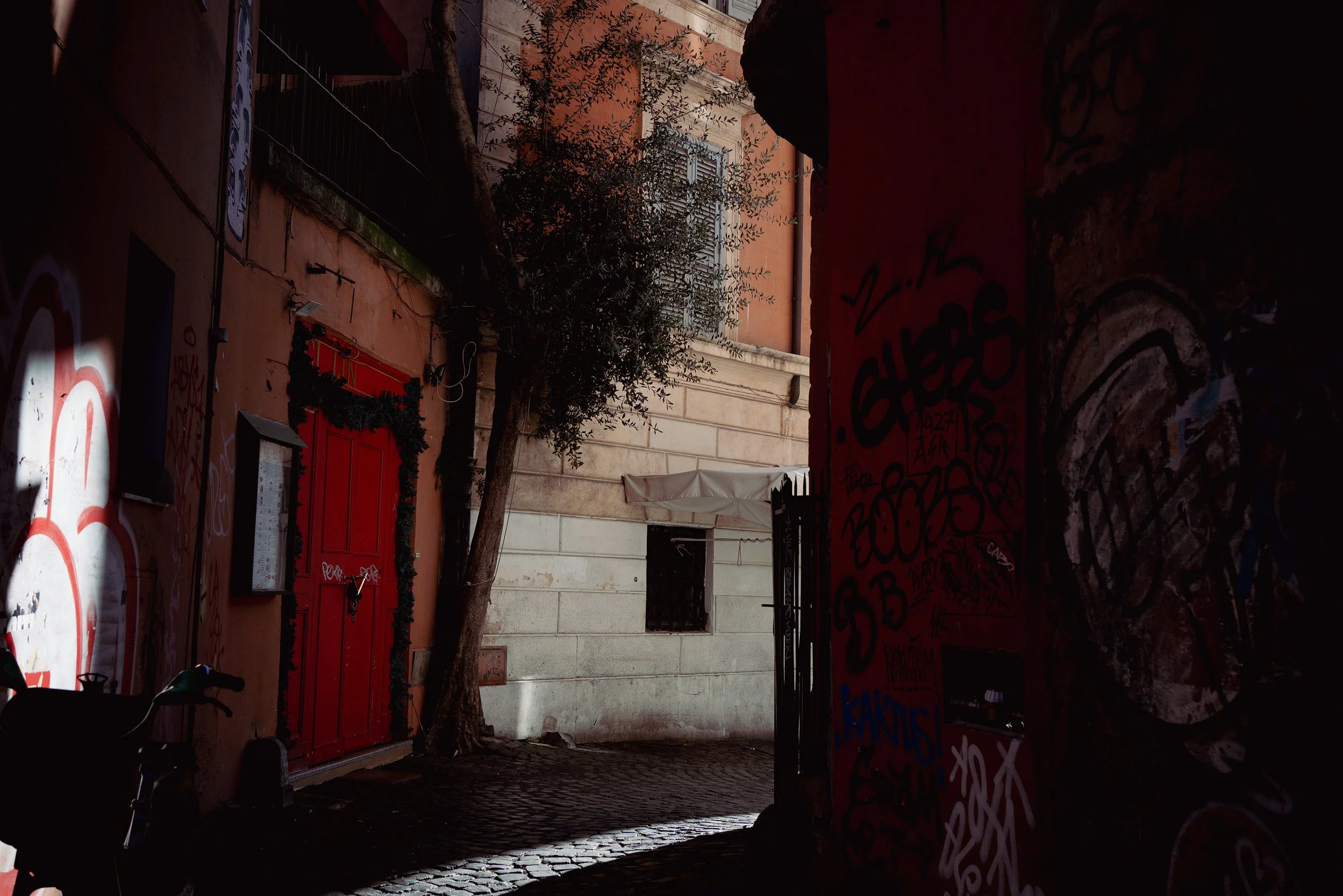 A narrow street with cobblestone pavement, flanked by graffiti-covered walls, a bright red door decorated with greenery, a small window with bars, a tree, and a partially visible white awning.