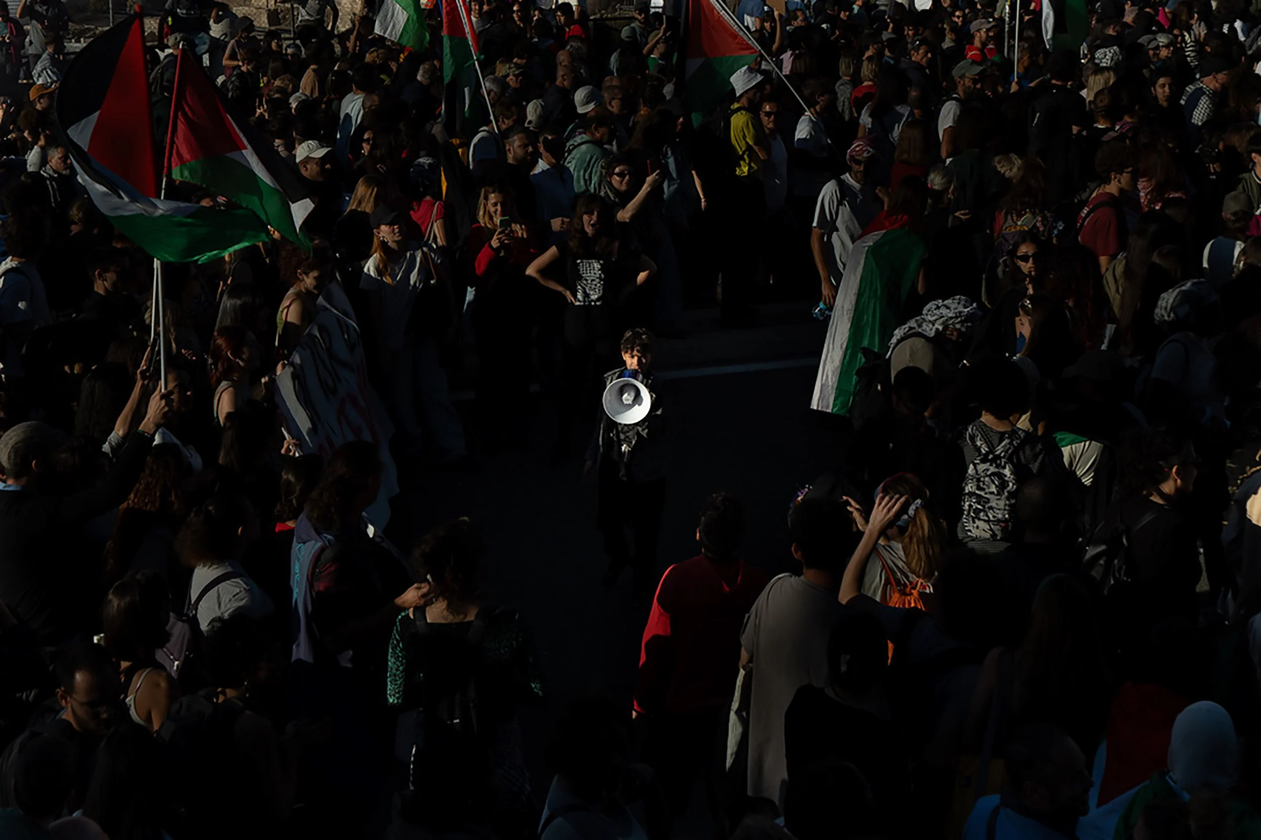 Crowd of people gathered in a protest or demonstration, some waving flags, with a person in the center speaking through a megaphone.