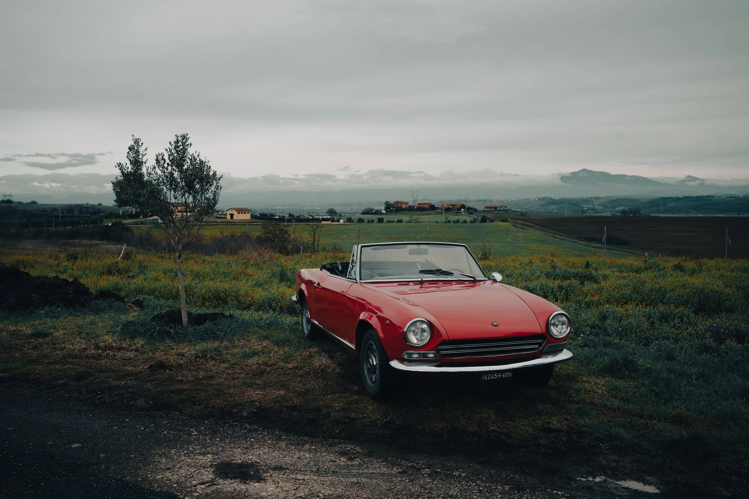 A red vintage convertible car parked on a grassy field with a small tree nearby, against a backdrop of rolling hills and a cloudy sky.
