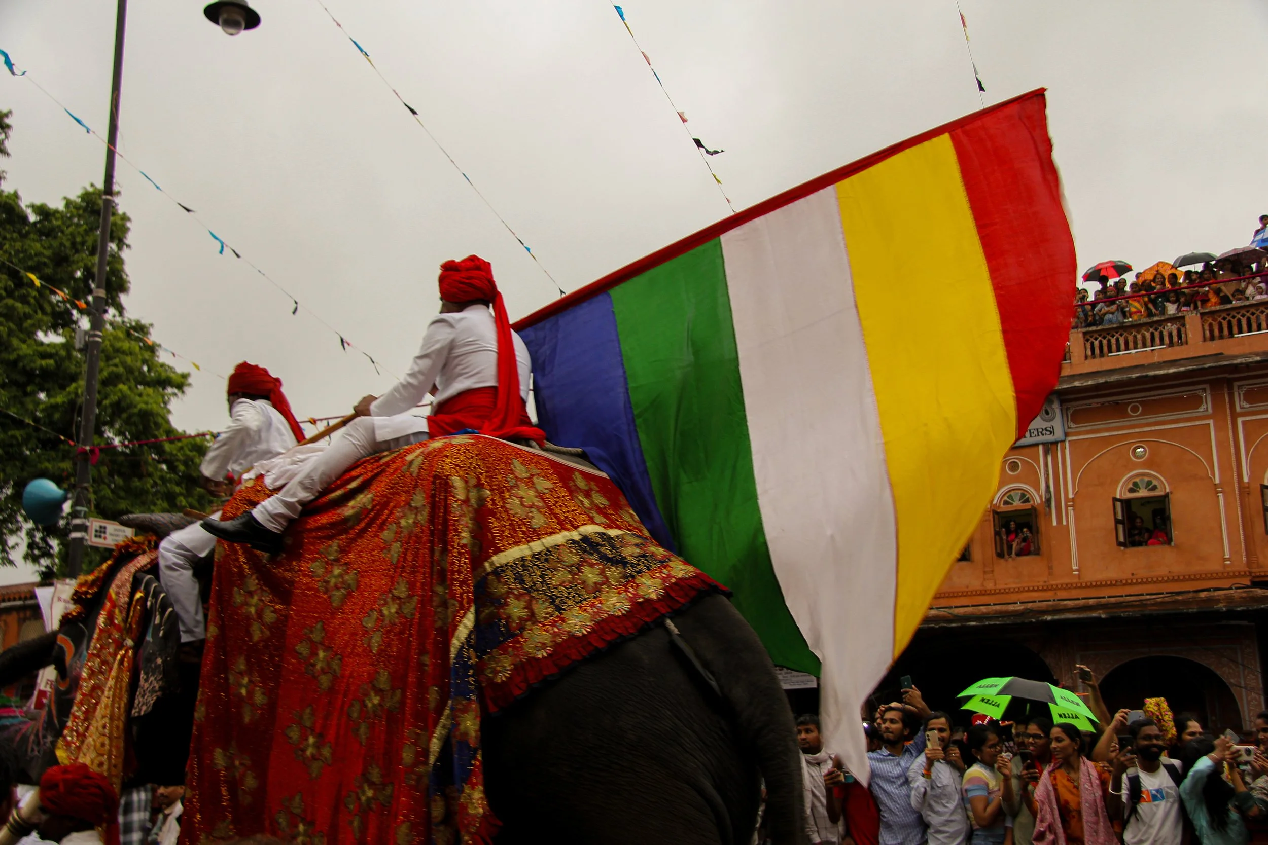 People riding an elephant decorated with colorful cloth during a parade or festival, with a large tricolor flag and a crowd of onlookers holding umbrellas.