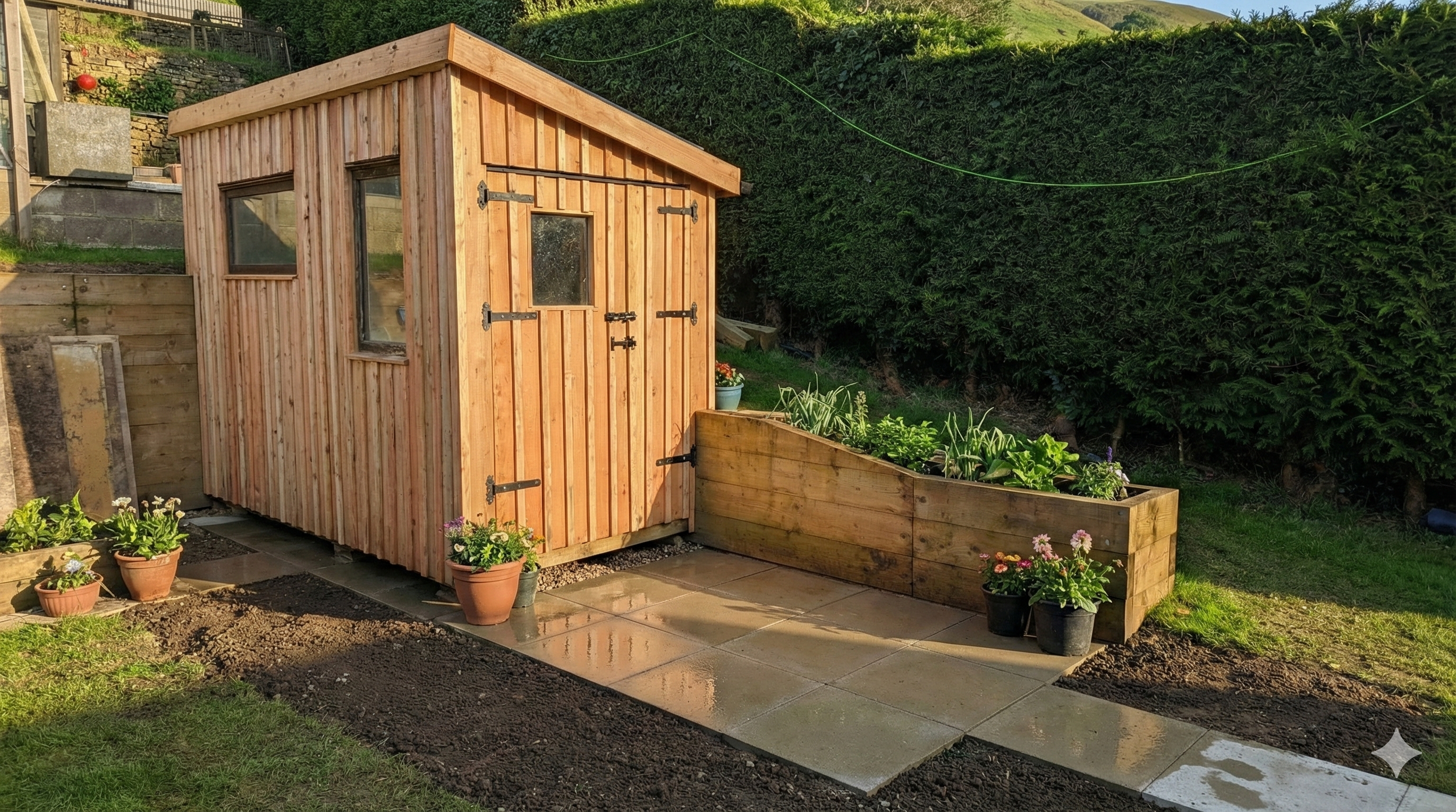 A small wooden garden shed with hinged door and rectangular window on the side, surrounded by potted plants and greenery, with a concrete pathway leading to it, in a garden with a hedge in the background.