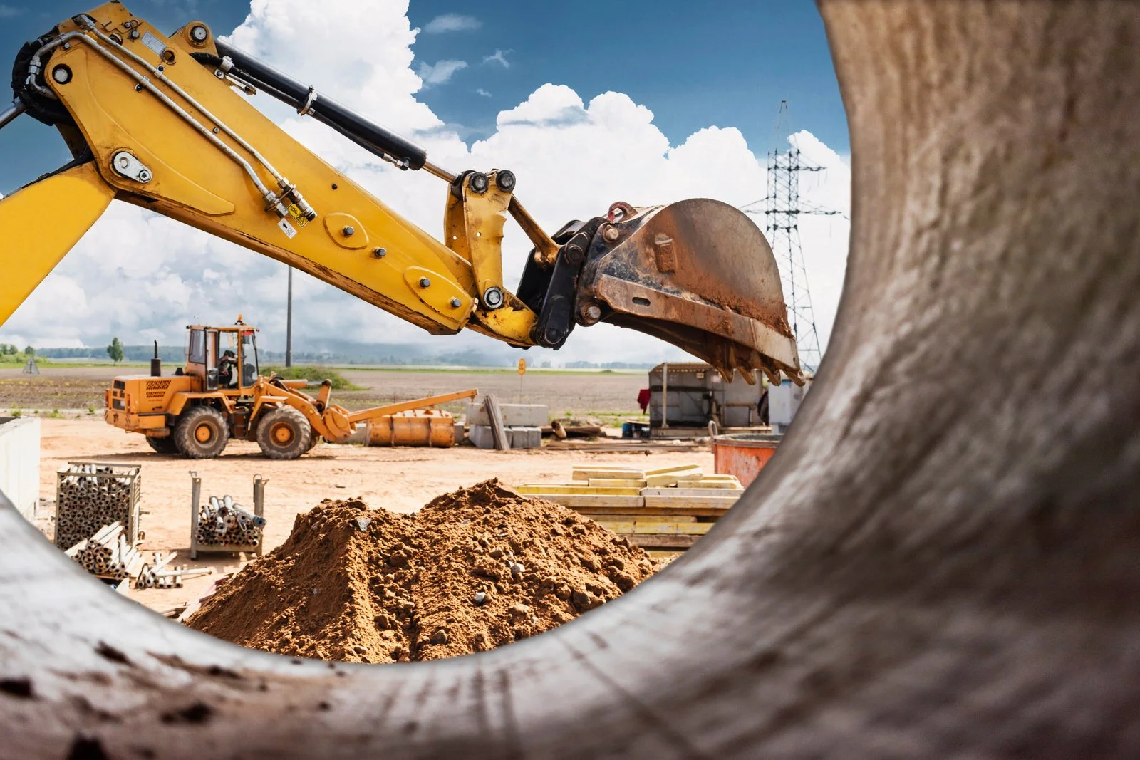 View of construction site with excavator digging through dirt, pile of dirt, construction materials, and machinery, with a large open field and power lines in the background.