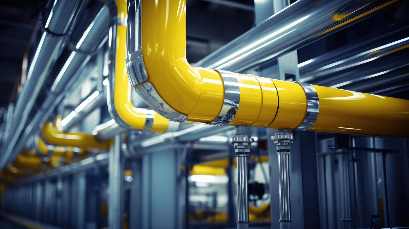 Close-up of yellow industrial pipes with metal clamps in an industrial setting.