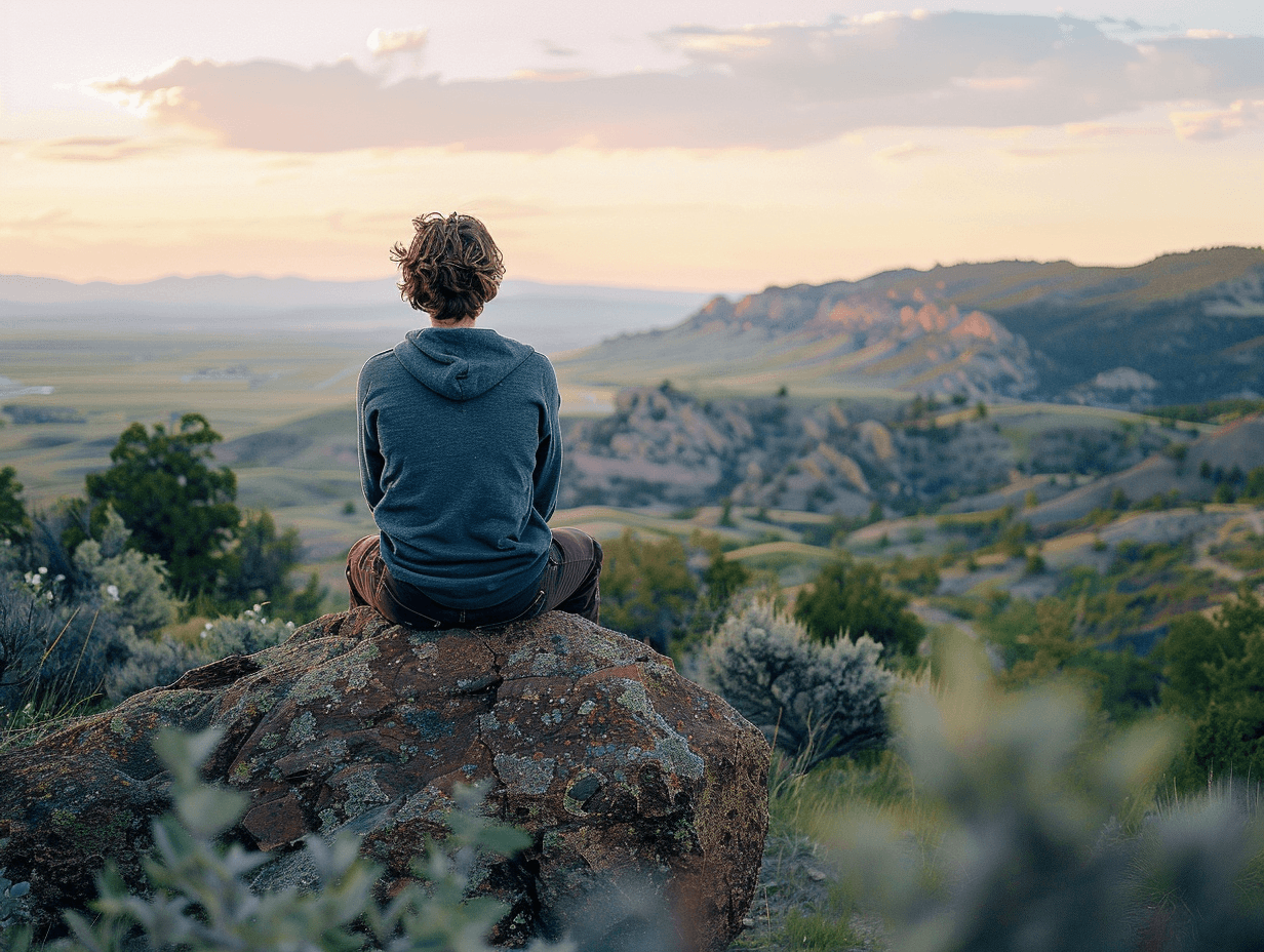 Eine Person sitzt auf einem Felsen in einer hügeligen Landschaft mit Bäumen und Sträuchern bei Sonnenuntergang, schaut in die Ferne.