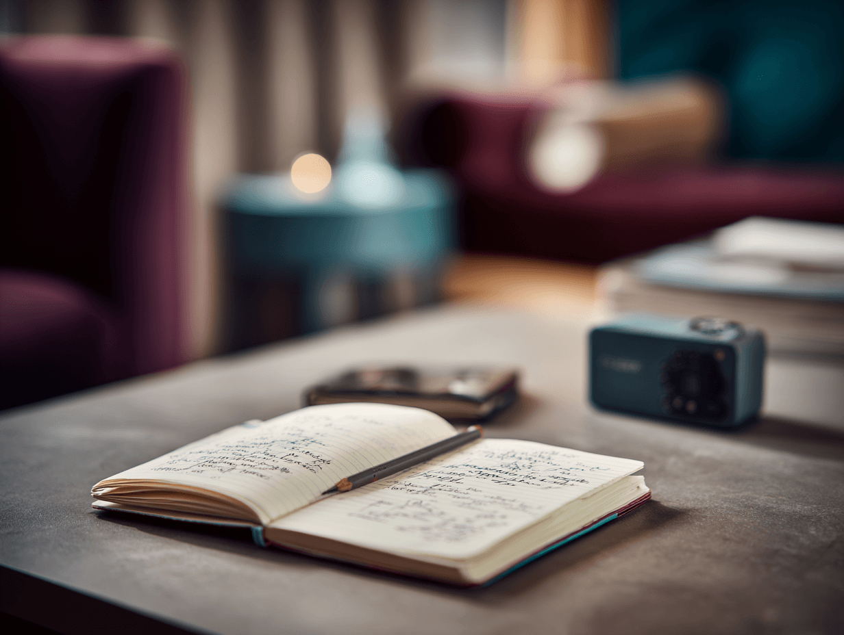 Ein offenes Notizbuch mit handschriftlichen Notizen, ein Stift darauf, auf einem Tisch, im Hintergrund sind mehrere Bücher und einige Papiere sichtbar.