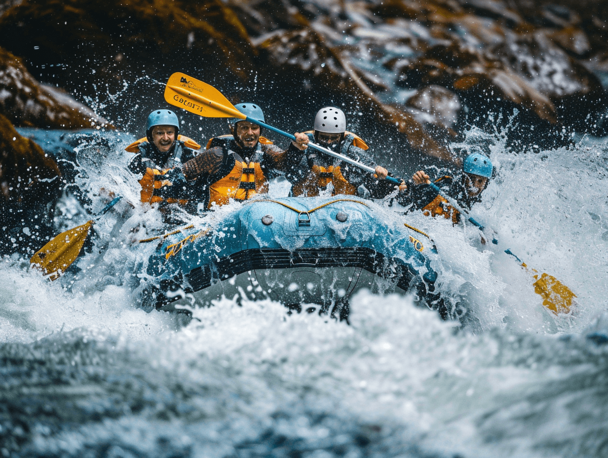 Vier Personen beim Wildwasser-Rafting, tragen Helme und Schwimmwesten, in einem aufgeregten Wasserfluss mit Felsen im Hintergrund.