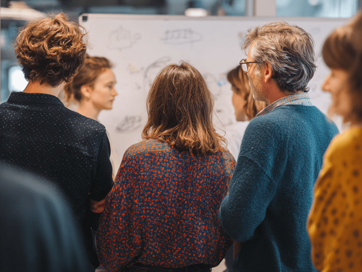 Gruppierung von fünf Menschen, die bei einer Diskussion oder Präsentation stehen, vor einem Whiteboard mit Skizzen und Diagrammen, in einem modernen Raum.