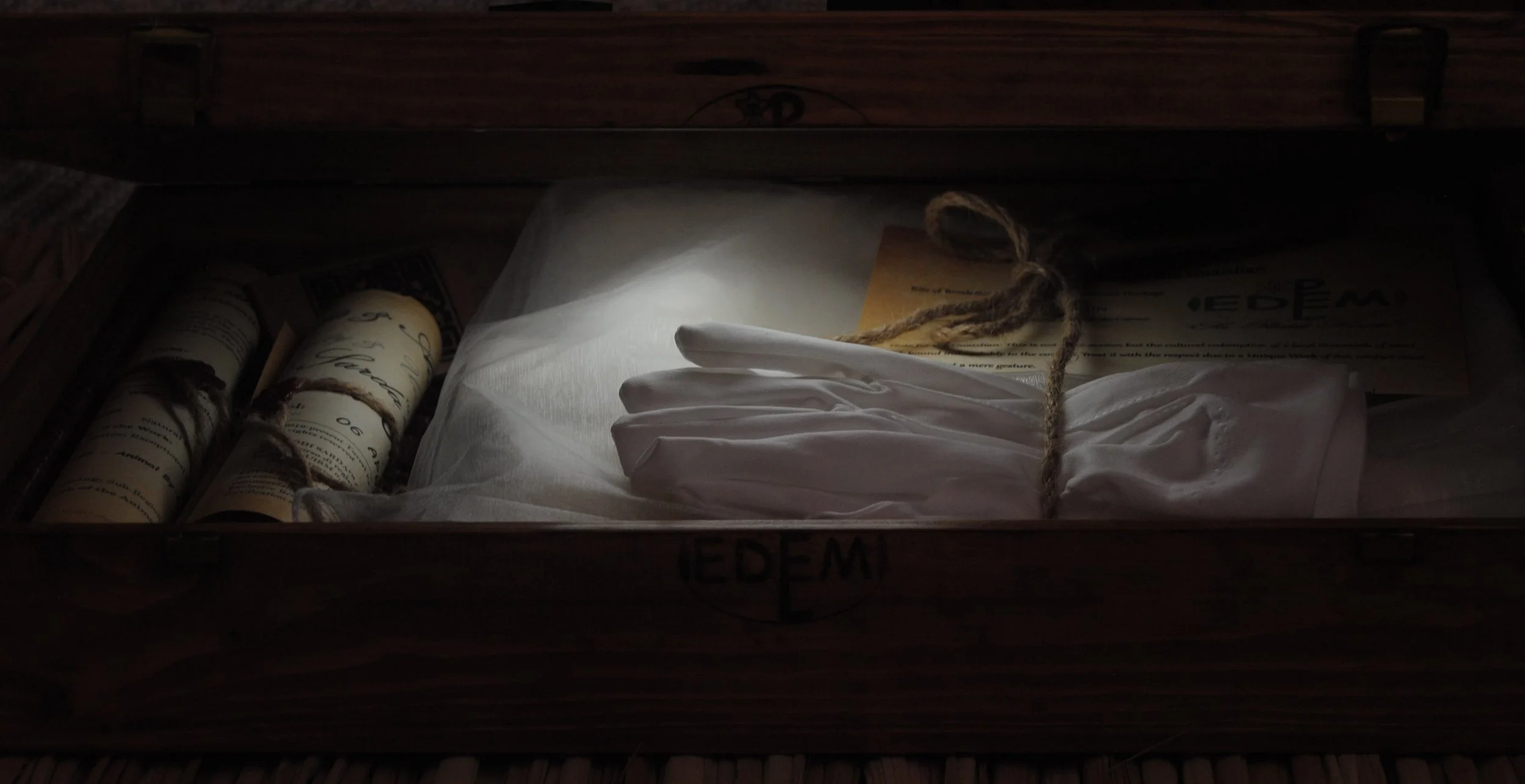 Il rituale di apertura dello scrigno sa peddi sarda™: la luce svela i guanti eleganti per l'estrazione dell'opera di Tuveri Edmondo.