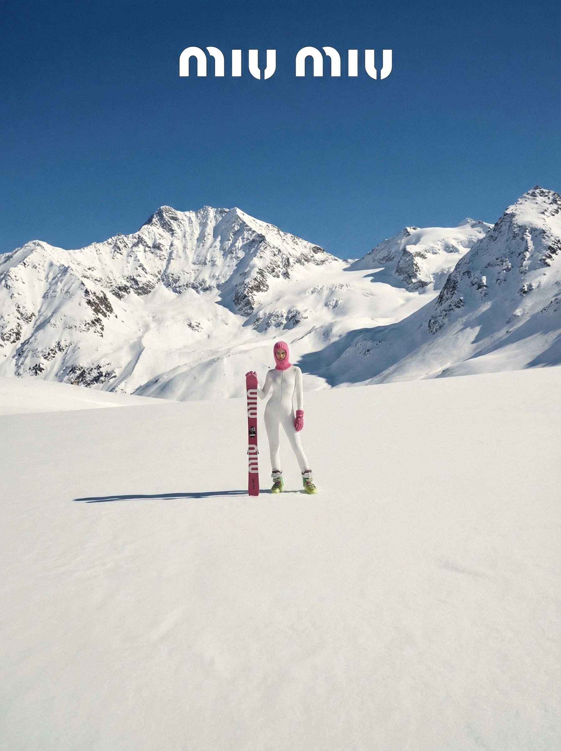 A person in a white ski suit with pink accessories standing on snow with a pink snowboard, mountains in the background, and the word 'MIU MIU' at the top of the image.