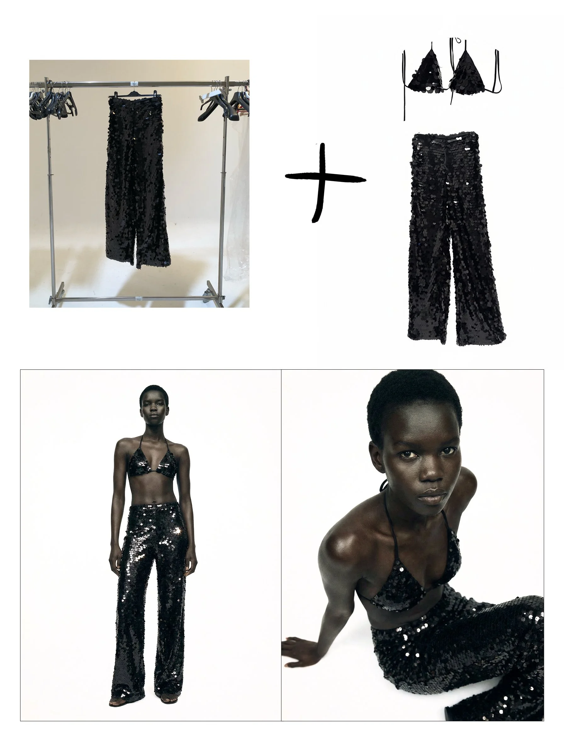 A collage of images showing black sequin clothing. The top left shows a black sequin skirt hanging on a clothing rack. The top right is a drawing of a black sequin crop top with spaghetti straps and a pair of black sequin wide-leg pants, arranged side by side with a plus sign between them. The bottom left shows a model wearing the sequin crop top and wide-leg pants, standing against a white background. The bottom right shows a close-up of a model wearing the same sequin outfit, sitting on the floor and looking at the camera.