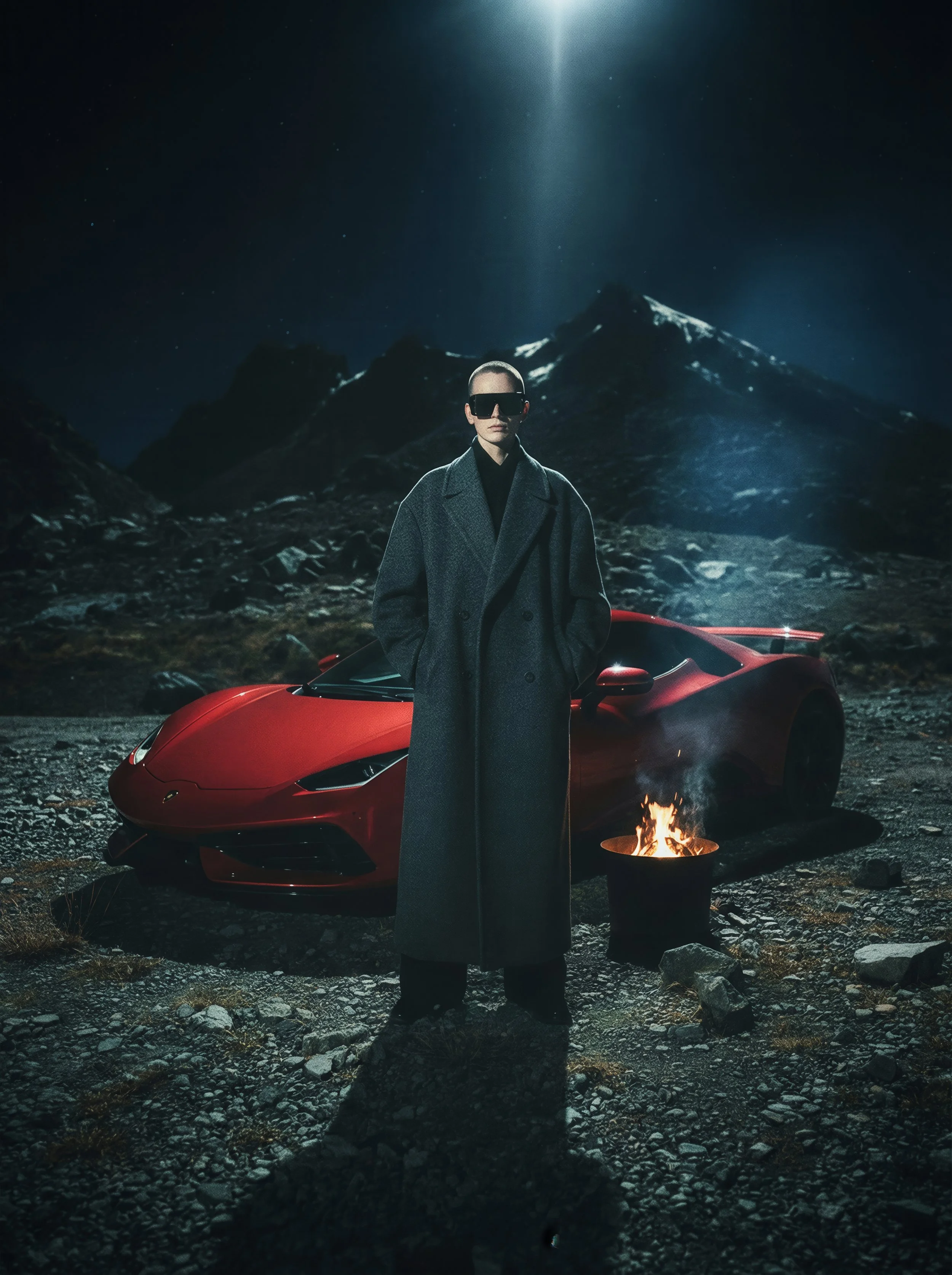 A person in a long gray coat and sunglasses standing in front of a red sports car on rocky terrain at night, with a fire burning in a container nearby and mountains in the background under a bright moonlit sky.