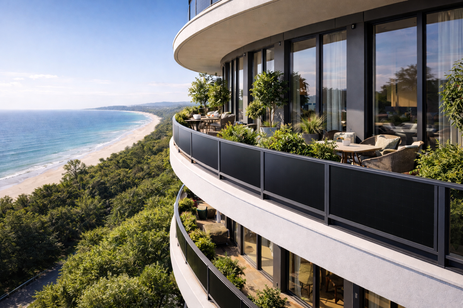 A modern apartment building with curved balconies overlooking a beach and ocean with a blue sky.