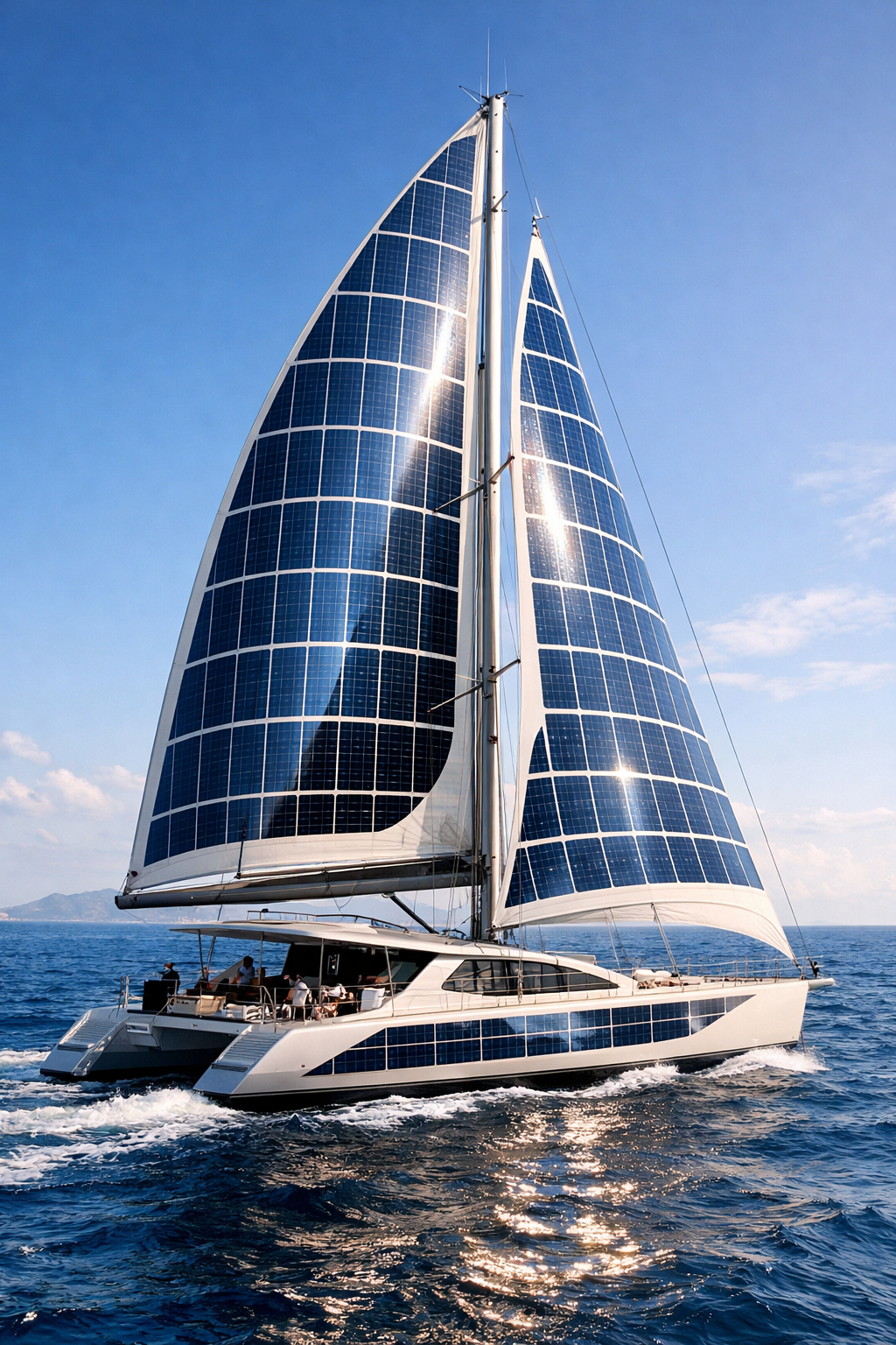 A modern sailing yacht with solar panel sails on the open ocean under a clear blue sky.