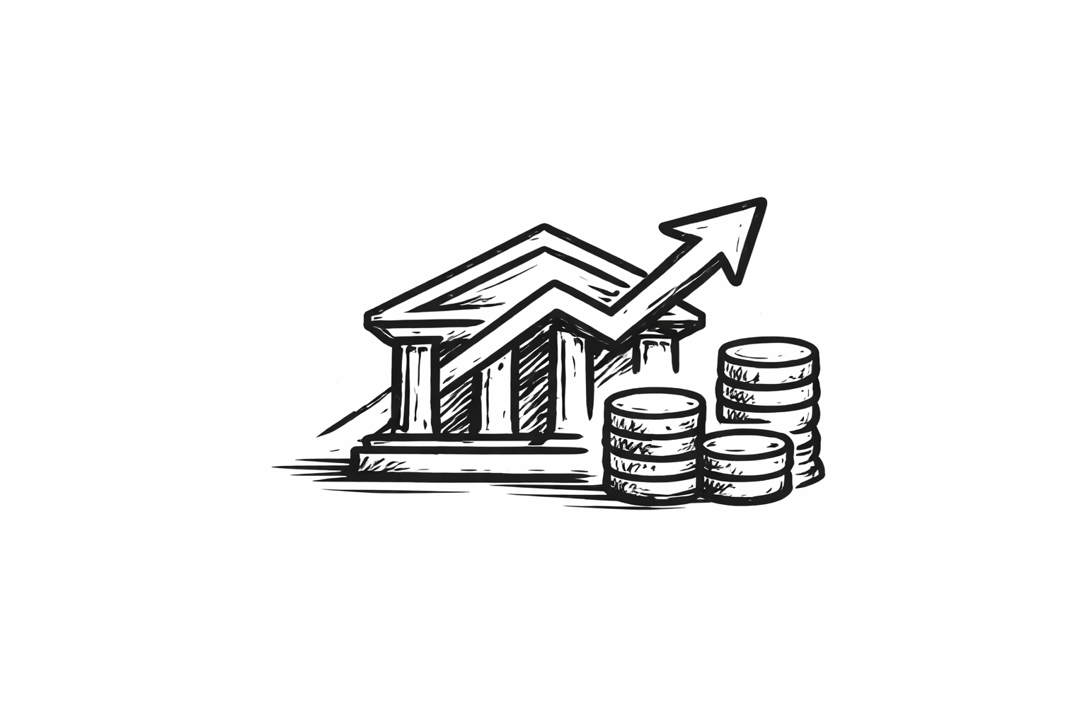 Sketch of a bank with a rising arrow and stacked coins representing financial growth.