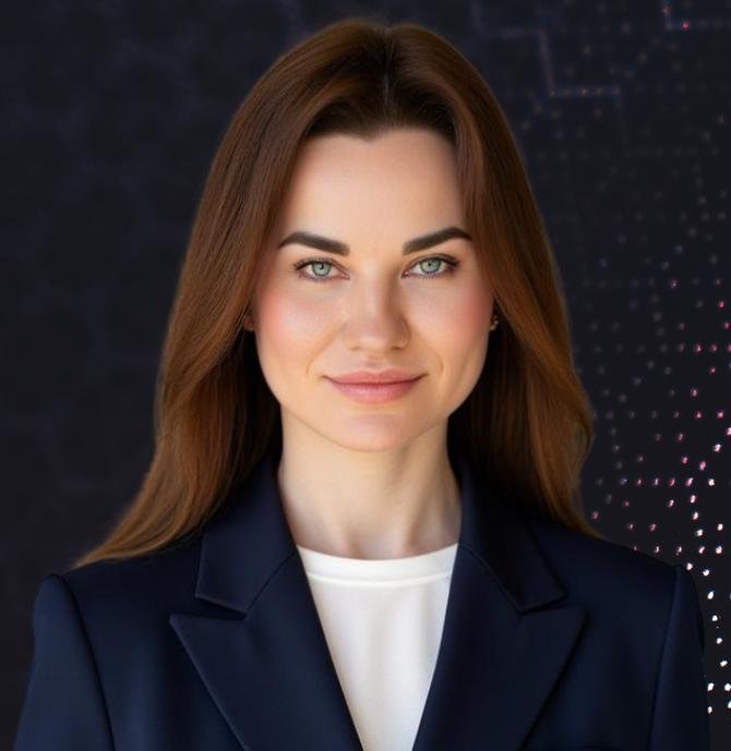 A young woman with long brown hair, wearing a white top, smiling, against a dark blue background.