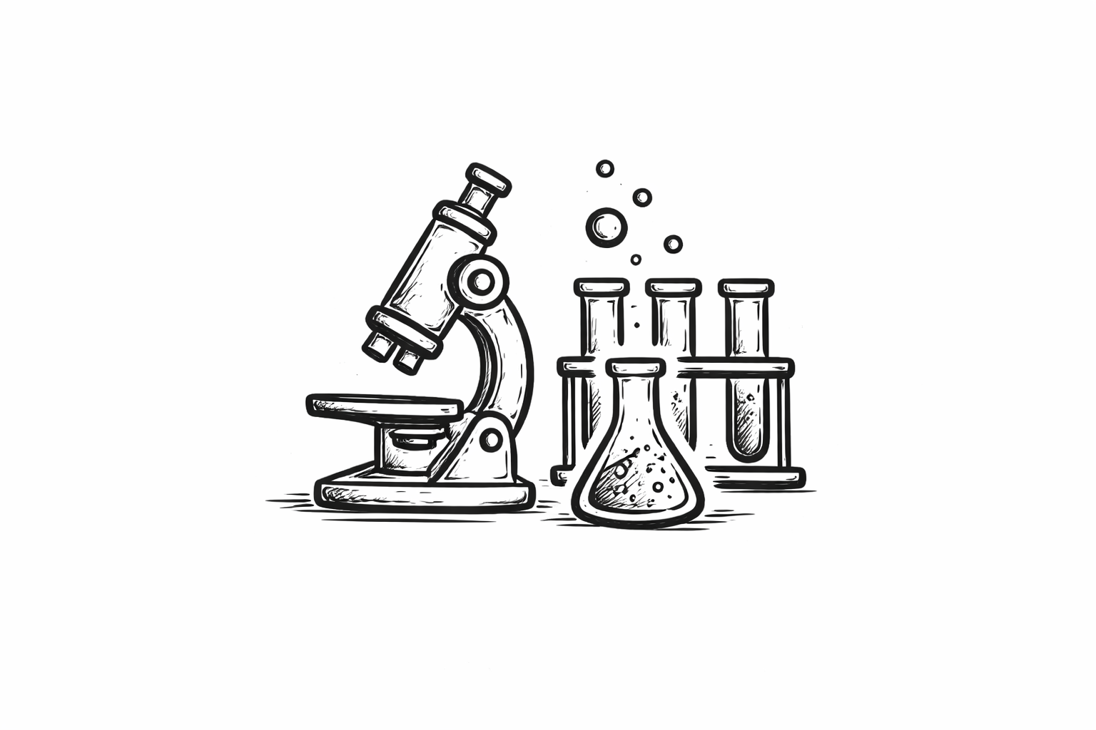 A sketch of a laboratory microscope, three test tubes with liquid, and one Erlenmeyer flask with bubbling liquid.