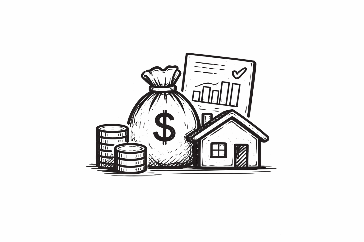 Hand-drawn sketch of financial and real estate symbols including a house, stack of coins, a money bag with a dollar sign, and a chart showing upward growth.