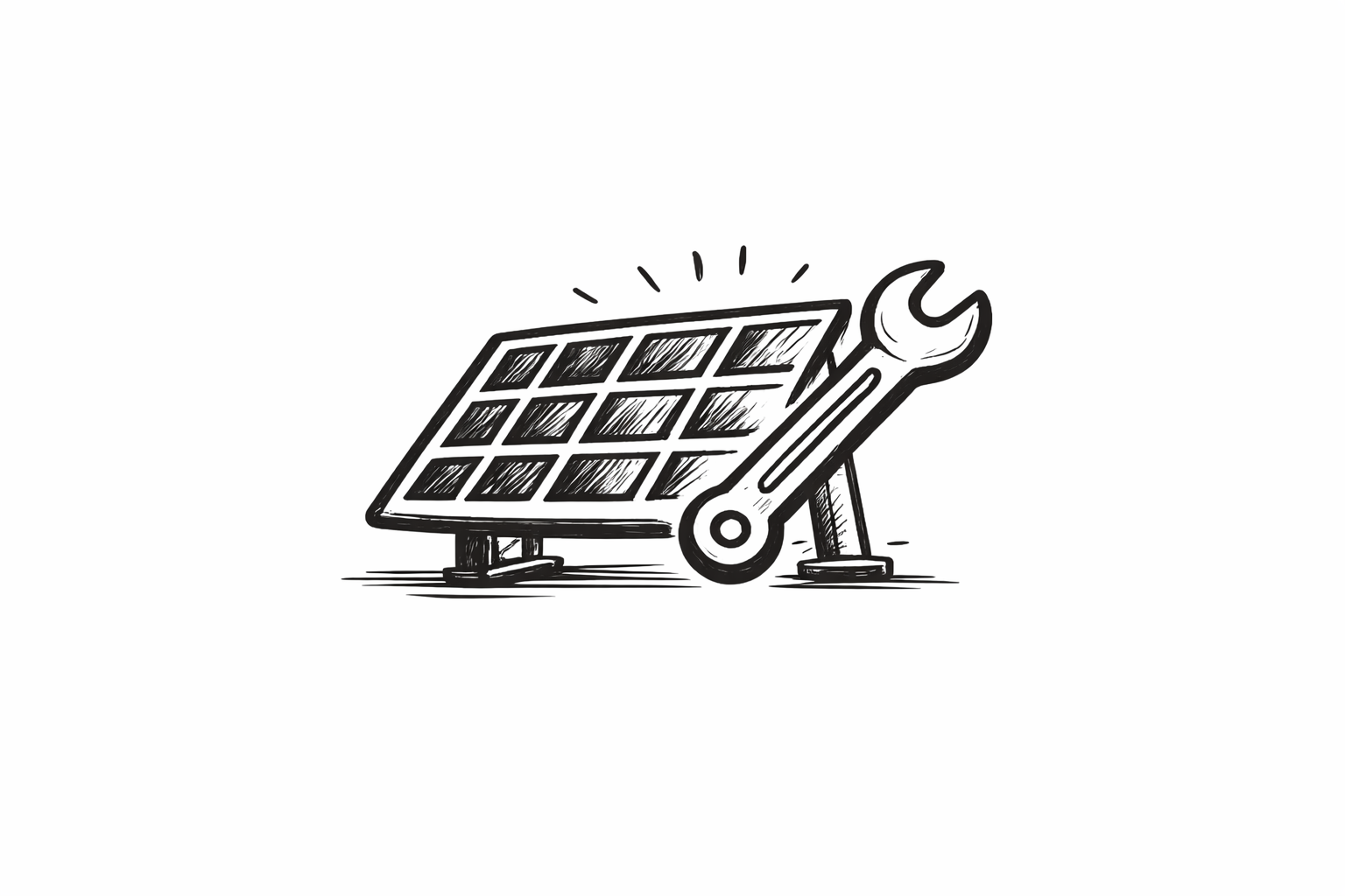 Black and white sketch of a solar panel with a wrench placed on it.