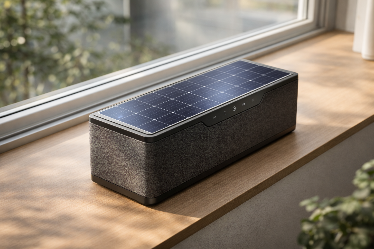 A portable speaker with a built-in solar panel on top, placed on a wooden windowsill.