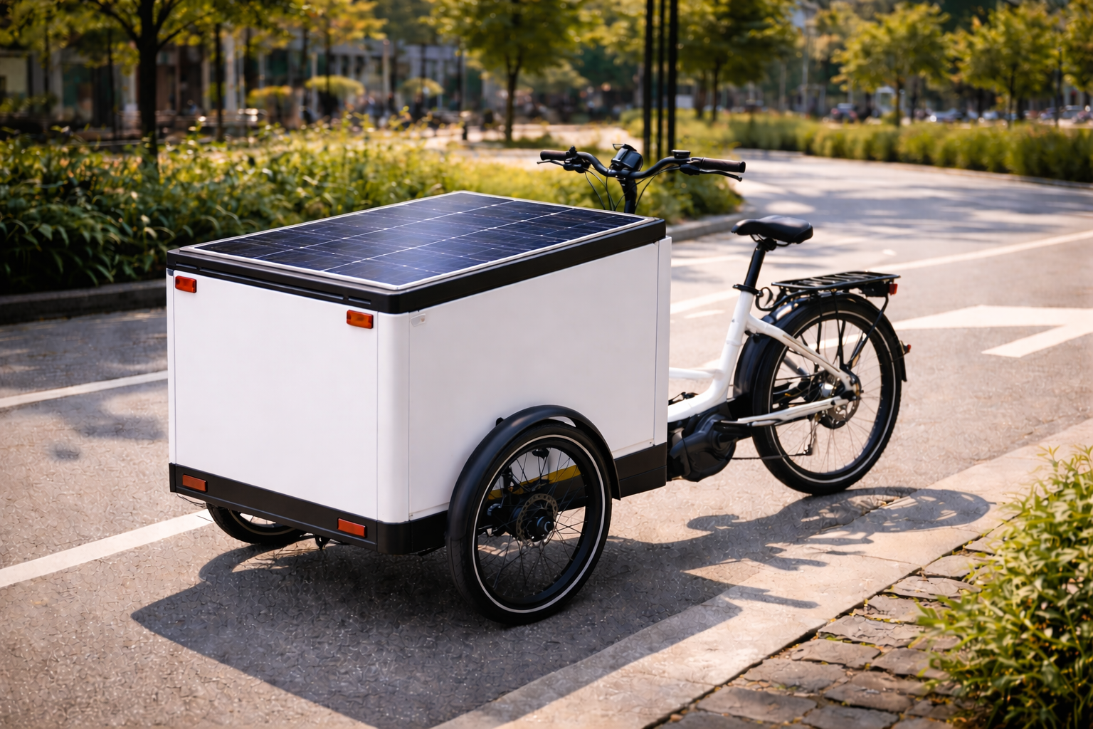 An electric cargo bike with a solar panel on top is parked on a city street, surrounded by greenery.