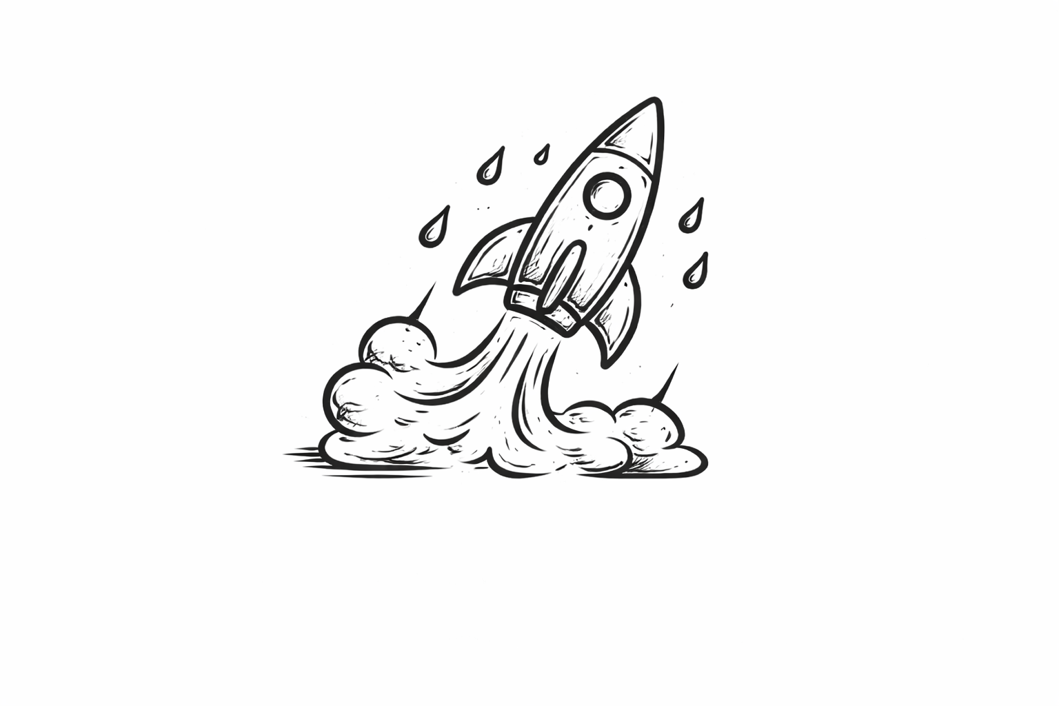 A black and white drawing of a rocket launching with smoke and water vapor.