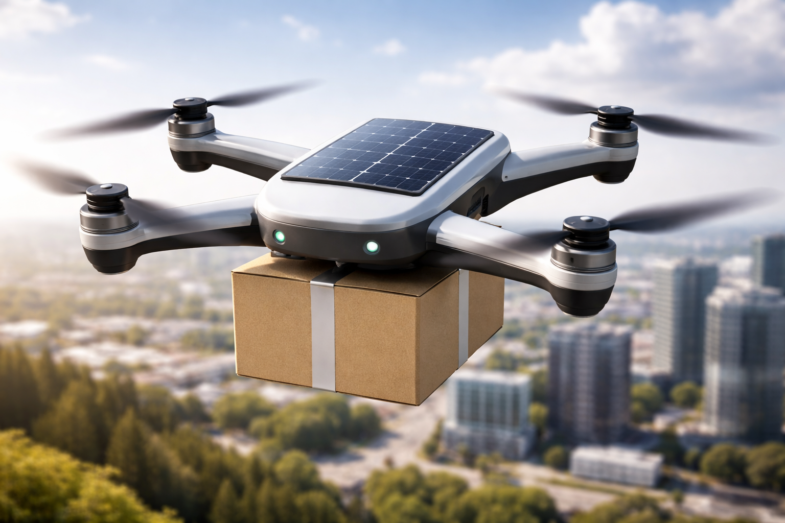 A drone with a solar panel on top is flying through the air carrying a cardboard box with a white strap, over a cityscape background.